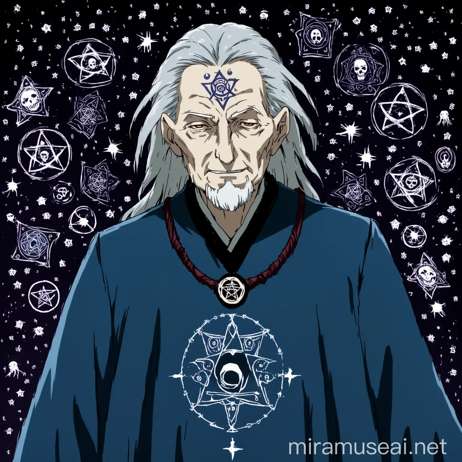Malevolent Anime Necromancer with Grey Hair and Cultist Symbols