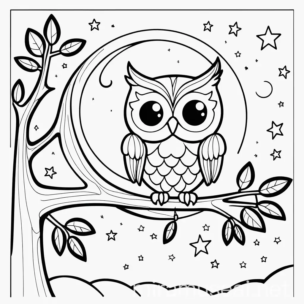 Simple black line cute owl in the tree, with stars and moon, Black and white full page coloring page for kids, cute, full page, no borders, simple, shapes with black lines, printable outlined art, thin lines, no shades, crisp lines --style 4b --v4-, white background
