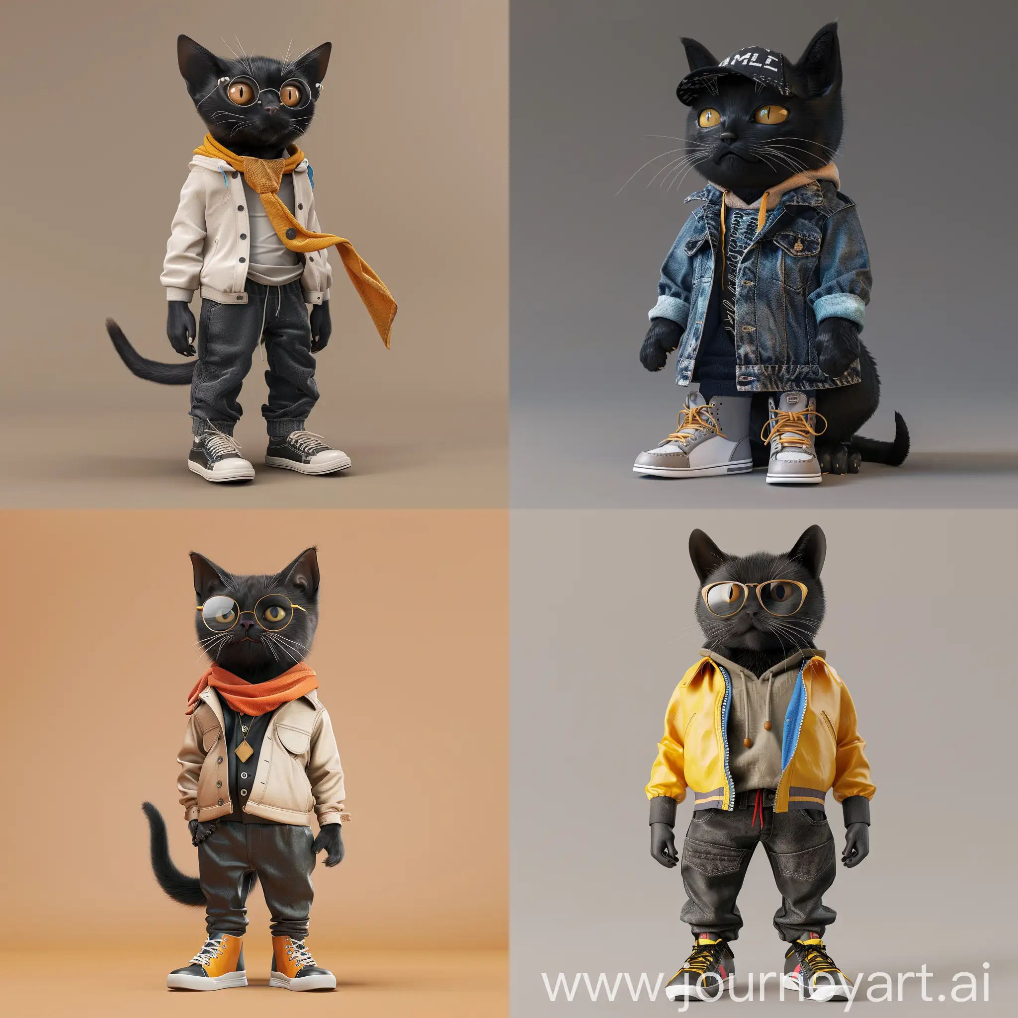  realistic 3d drain black cat in fashionable modern clothes, cool sneakers