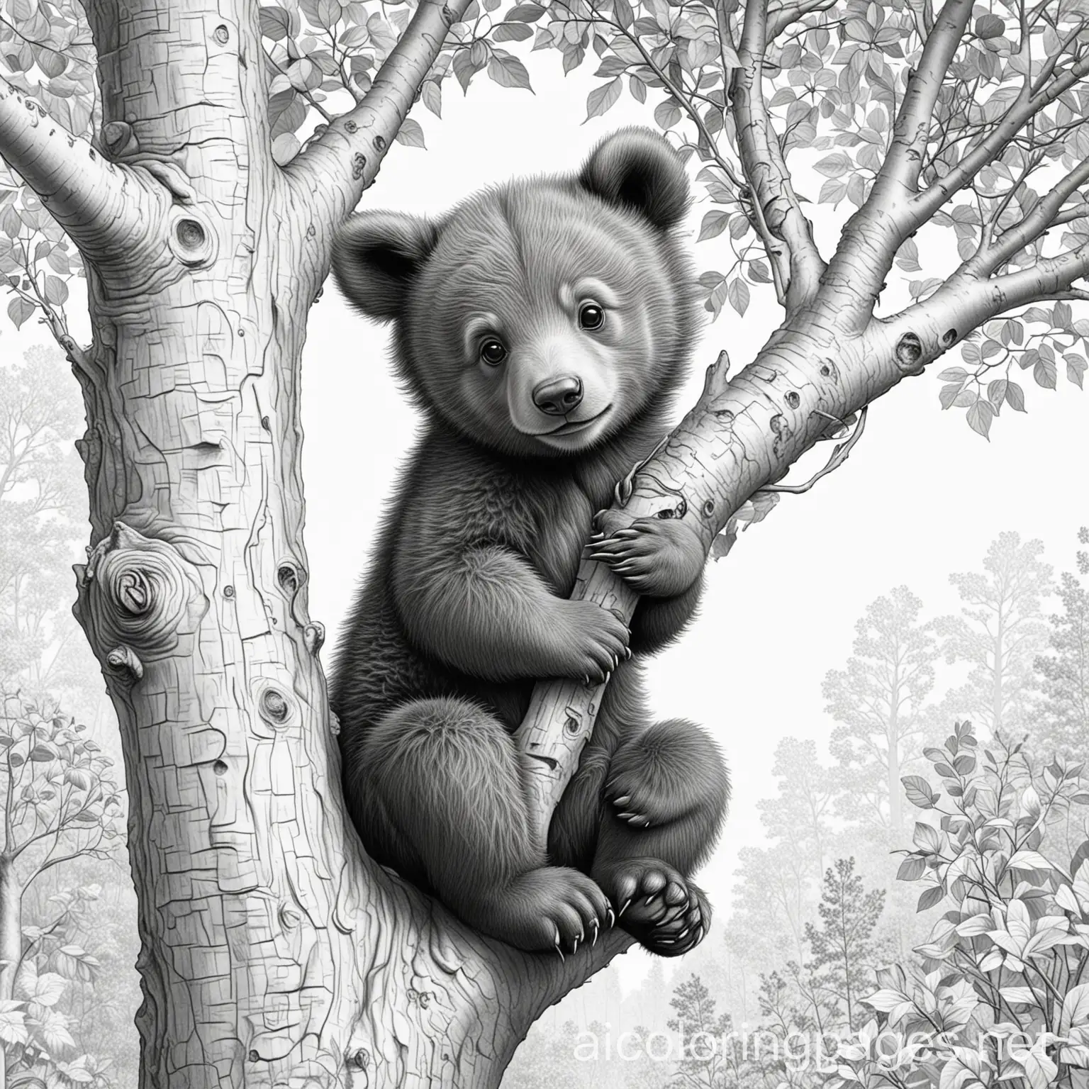 Bear cub climbing tree, Coloring Page, black and white, line art, white background, Simplicity, Ample White Space. The background of the coloring page is plain white to make it easy for young children to color within the lines. The outlines of all the subjects are easy to distinguish, making it simple for kids to color without too much difficulty
