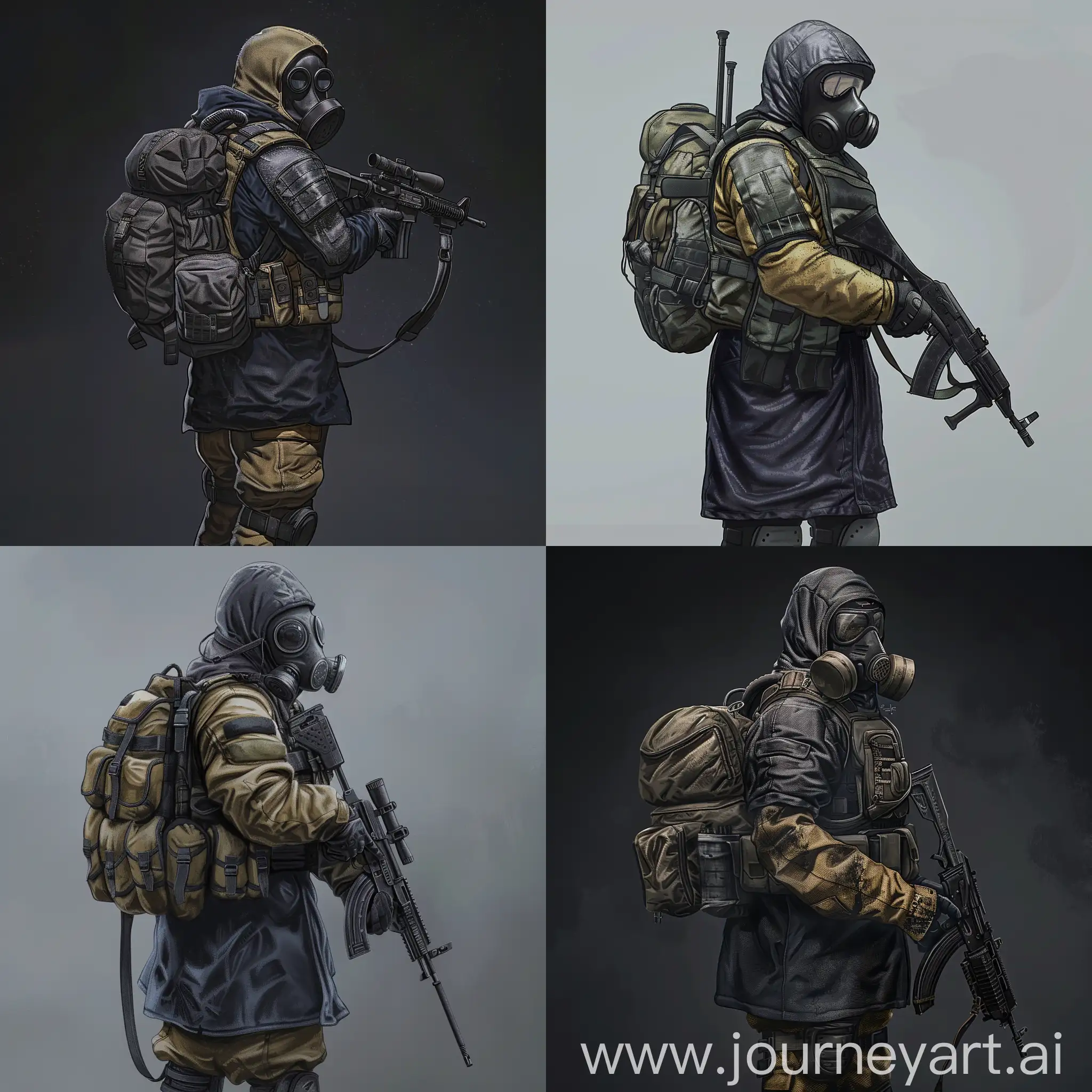 Digital design character mercenary from the universe of S.T.A.L.K.E.R., dressed in a dark blue military raincoat, gray military armor on his body, a gasmask on his face, a military backpack on his back, a rifle in his hands.