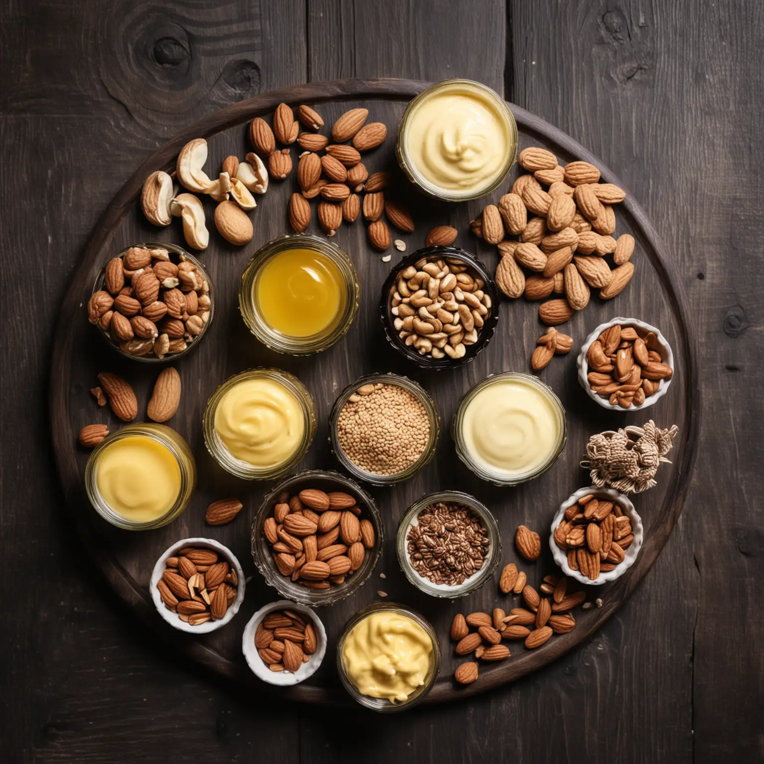 Appetizing Seed and Nut Arrangement on Dark Wooden Table