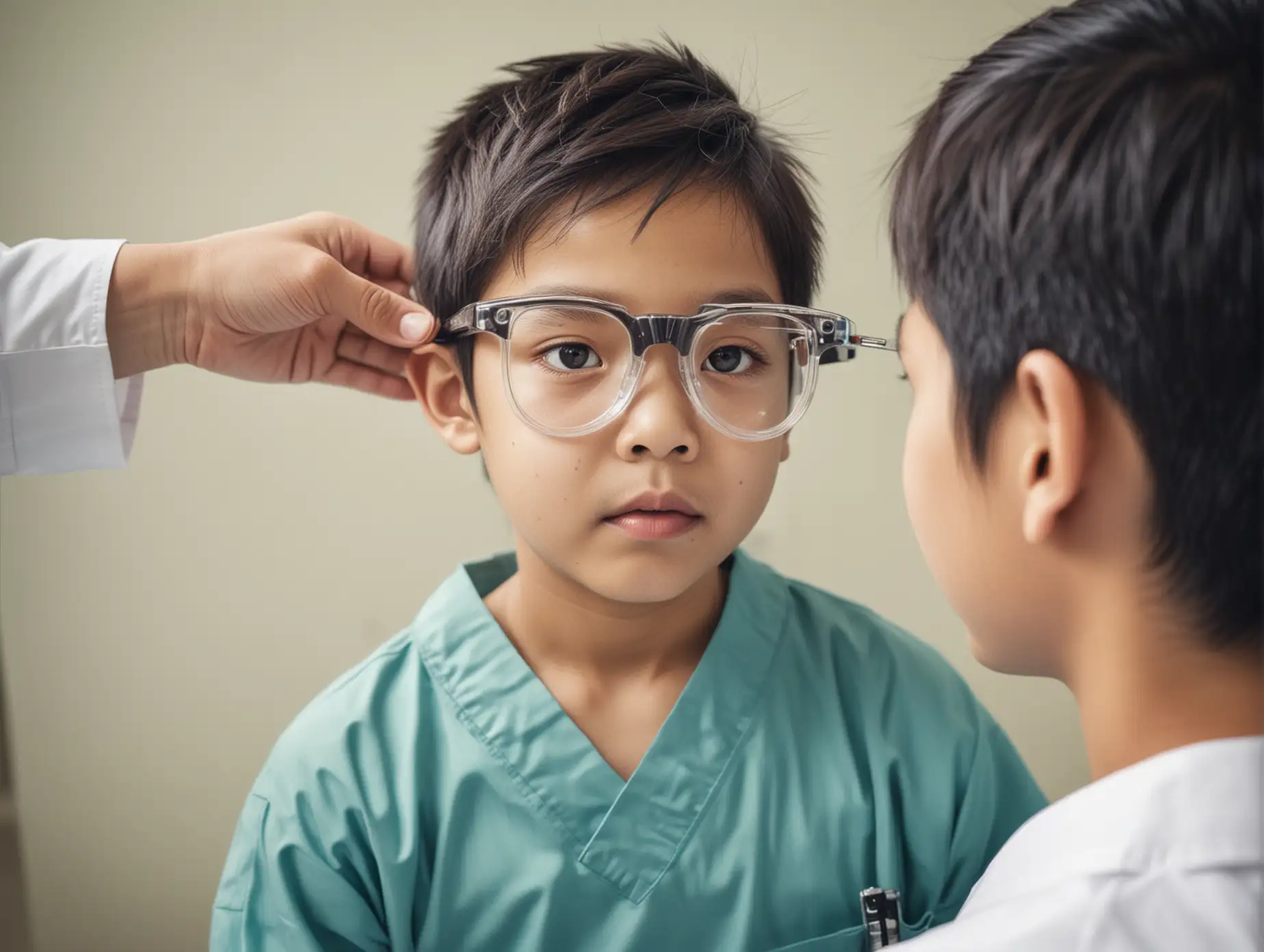 sketch style, colored photograph, Asian boy in hospital getting eyesight test