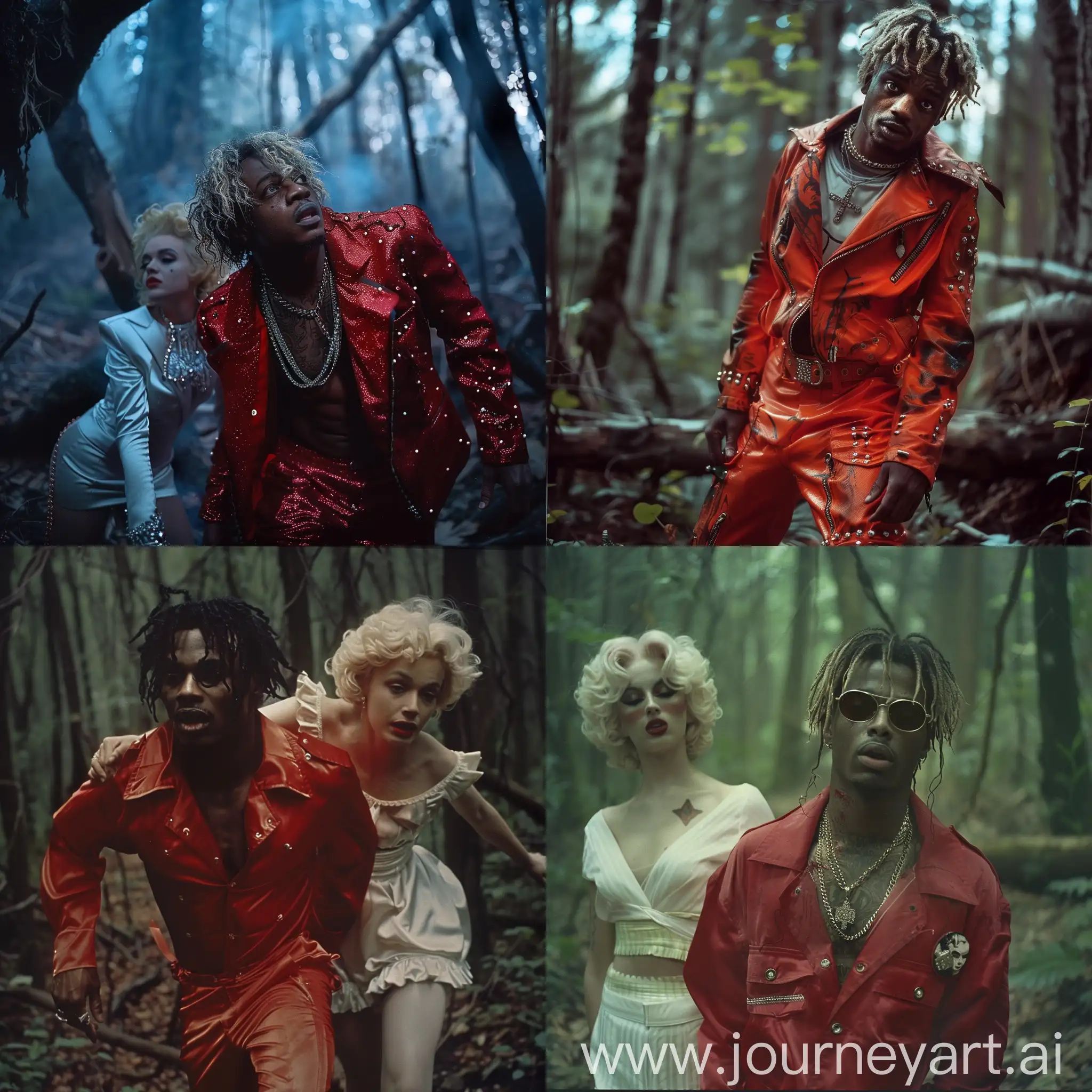a 1980s Movie Scene,of juice wrld wearing Michael jacksons thriller outfit, in a Forest With Marilyn Monroe