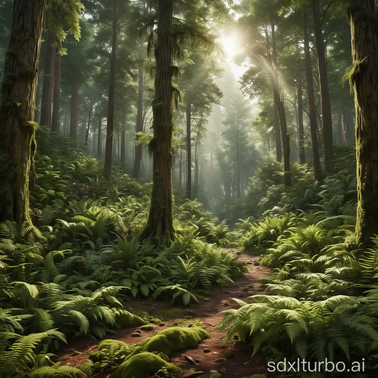 Create a highly detailed and realistic image of a lush forest. The forest should be dense with a variety of vibrant green foliage, featuring tall, huge trees such as giant sequoias and Douglas-firs. The scene should include rays of sunlight filtering through the canopy, casting dappled light on the forest floor covered with ferns and moss. The atmosphere should evoke a sense of tranquility and untouched natural beauty, with a rich variety of plant life and textures.