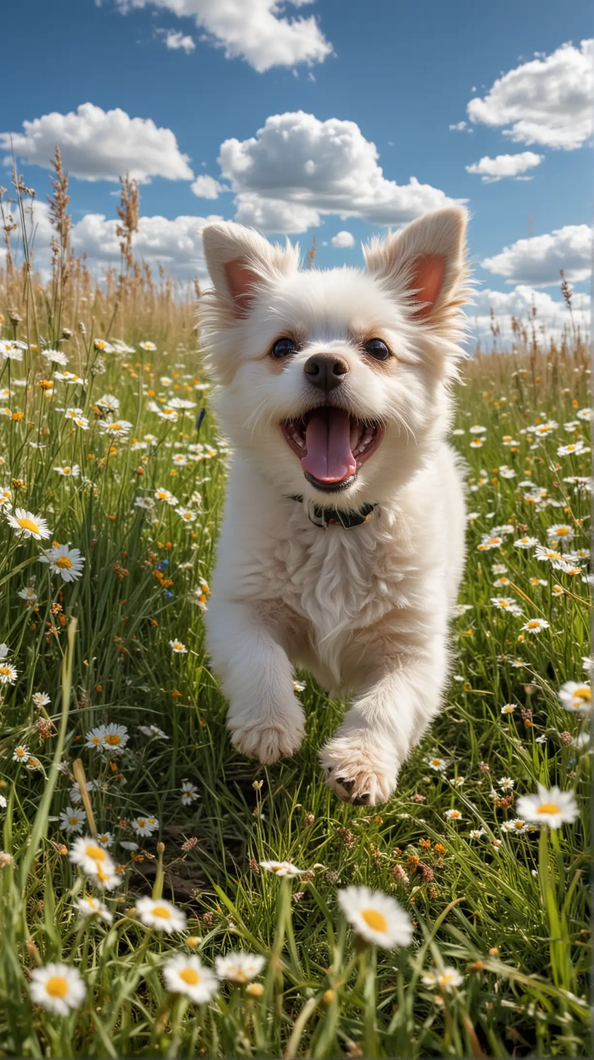 a small, fluffy dog with predominantly white fur and some light brown patches, joyfully running through a field of grass and flowers. The young puppy’s tongue is out, and its ears are perked up, suggesting a sense of freedom and playfulness. The background features a sunny blue sky with clouds, creating a pleasant and uplifting scene