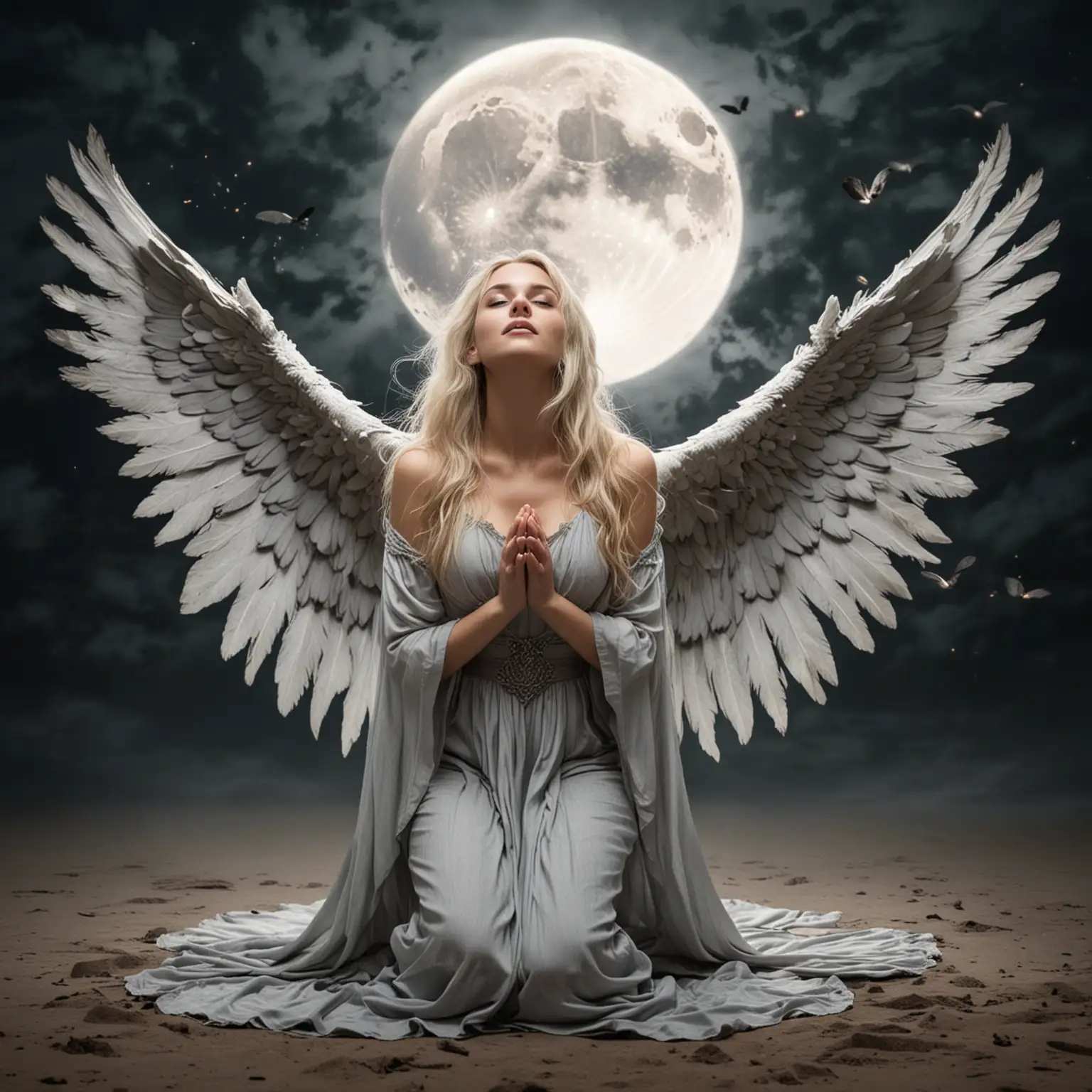 Enchanting Blonde Woman with Tattered Grey Wings Under Majestic Full Moon