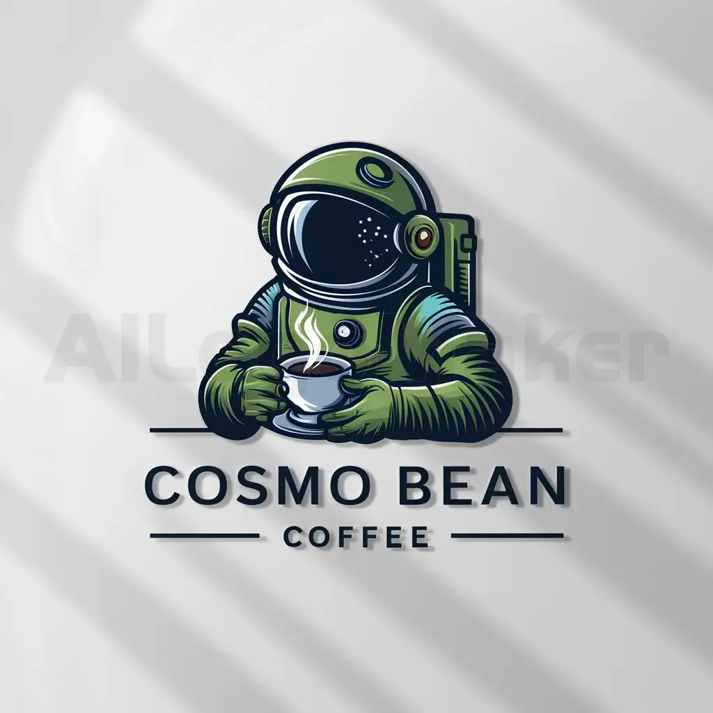 a logo design,with the text "Cosmo Bean", main symbol:A logo of an astronaut with a round helmet holding a cup of coffee. The astronaut suit is green and blue with details on the chest. Add the text 'cosmo bean' under the picture in a space themed font,complex,clear background