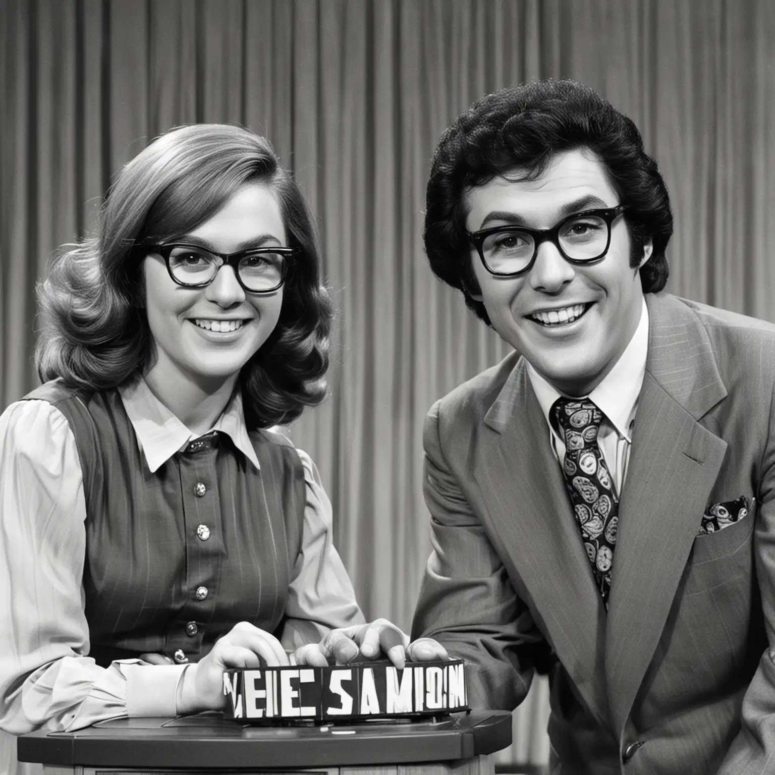 geeky man and woman winning game show from the 70s
