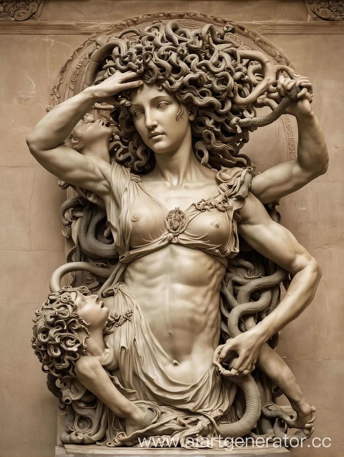 The beautiful Gorgon Medusa holds Perseus' head.