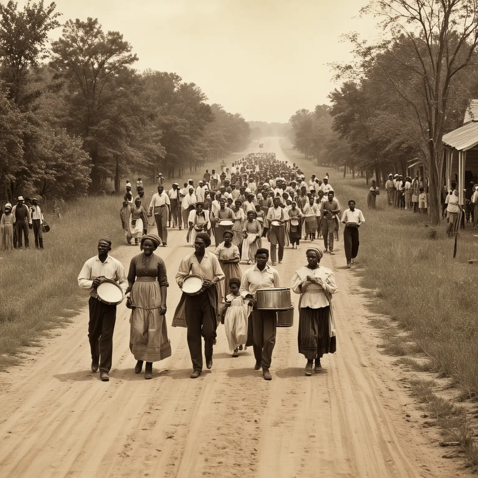 AfricanAmerican Families Marching to Drum Beats in Rural 1866 Scene