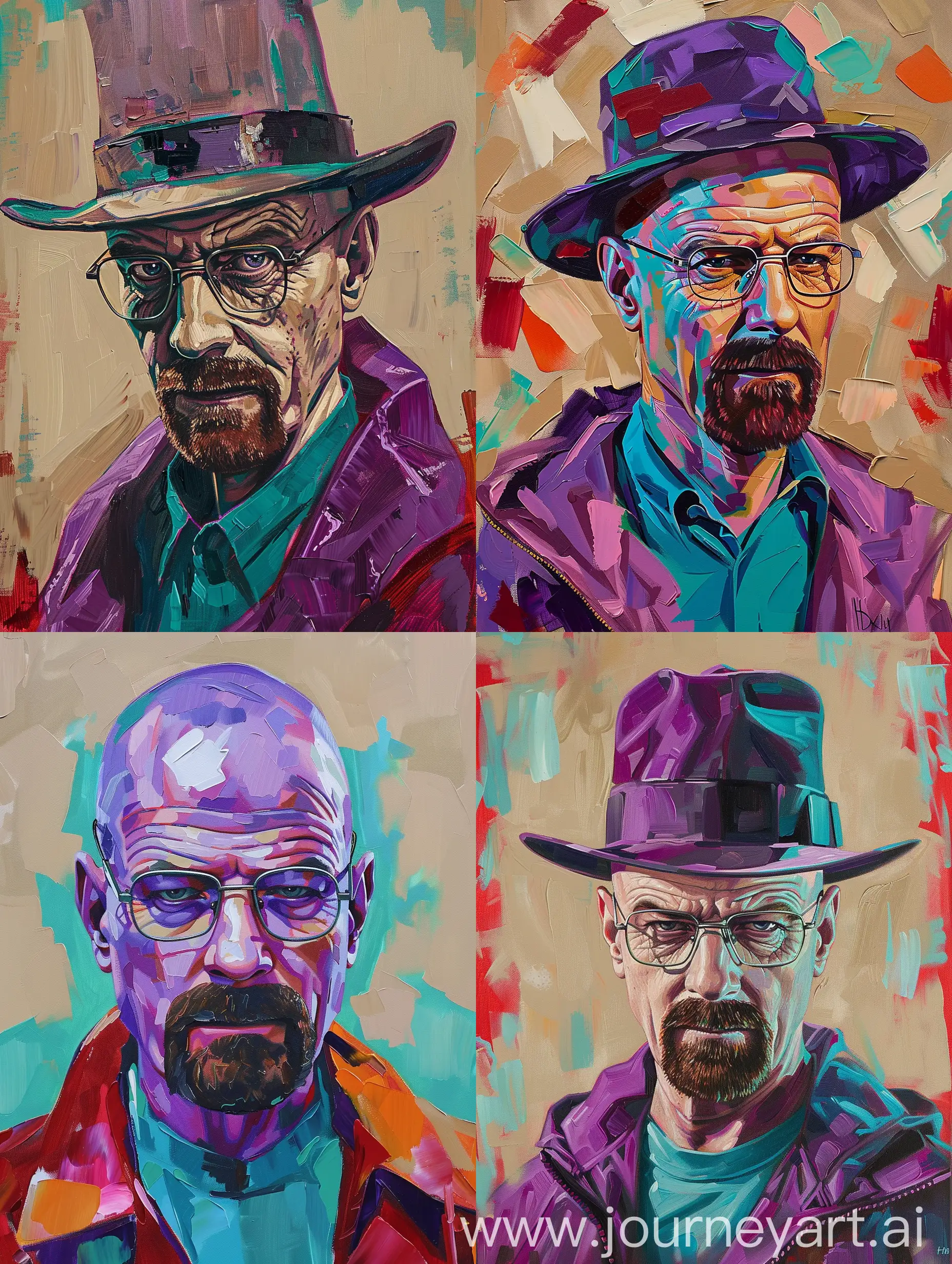 oil painting of heisenberg of breaking bad in star wars style with a color palette of purple, beige, red and teal. There are also touches of bright skin tone
--c 3