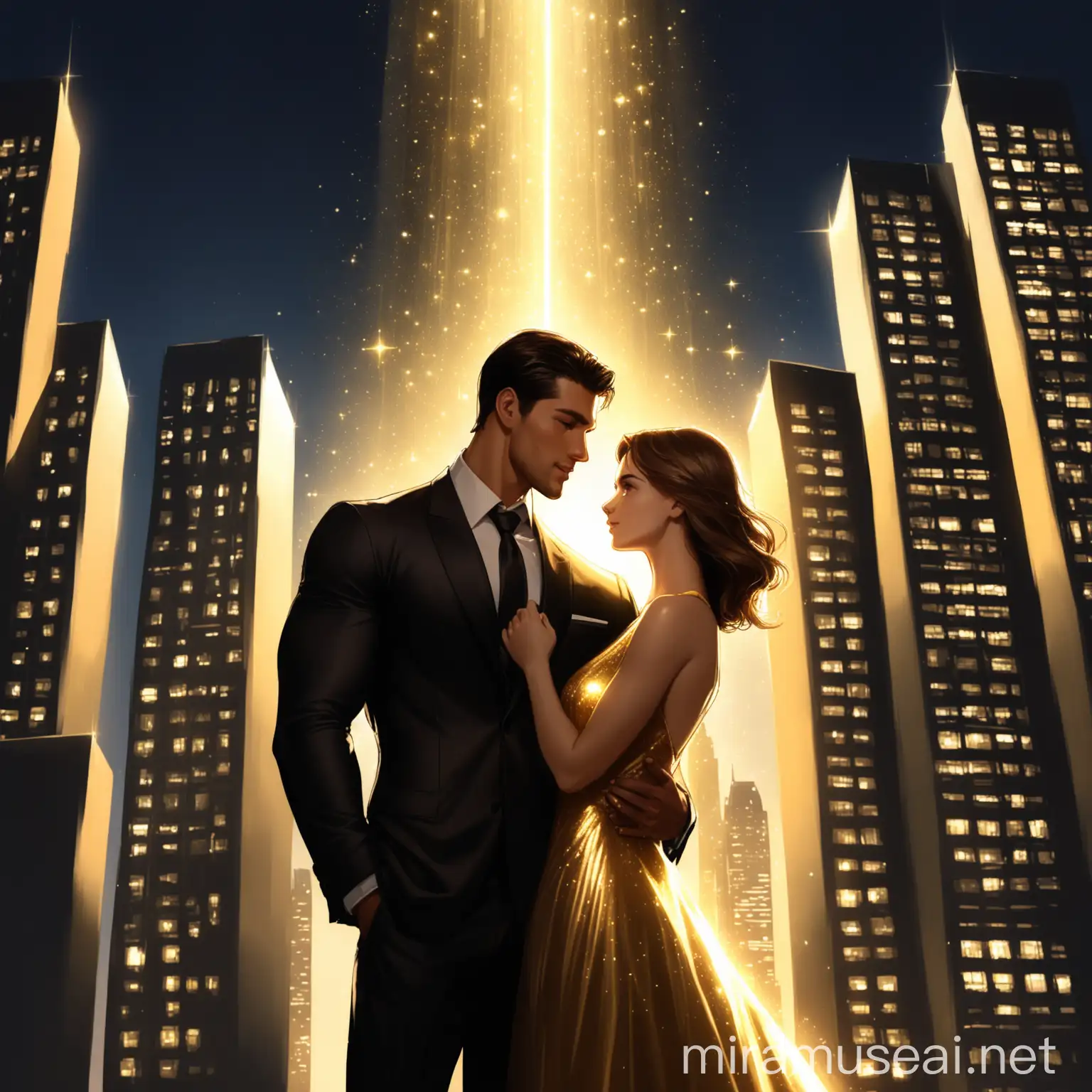 Elegant Couple in Evening Attire Embracing Against City Skyline