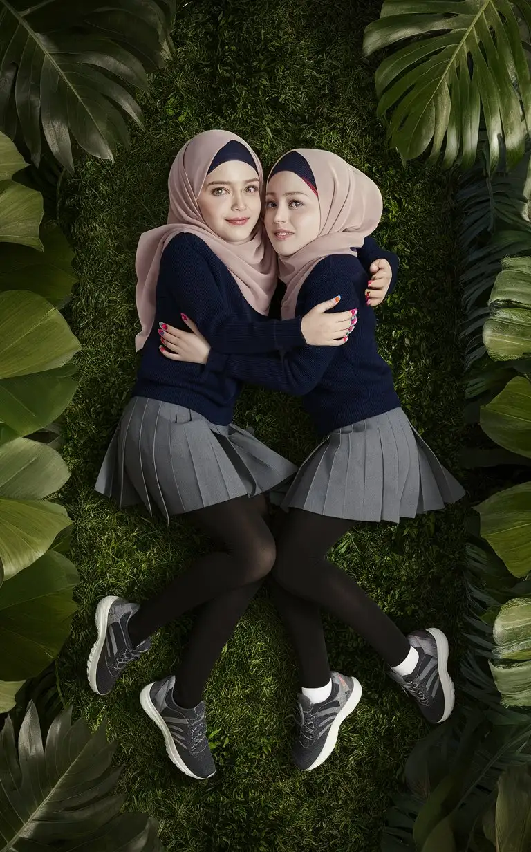 2 little porcelain skin girl.  14 years old. They wear a modern hijab, school skirt, black opaque tights, sport shoes.
They are beautiful. They lie in the jungle. well-groomed, turkish, quality face, plump lips.
Bird's eye view, top view, cool face, hugs. nail polish.  