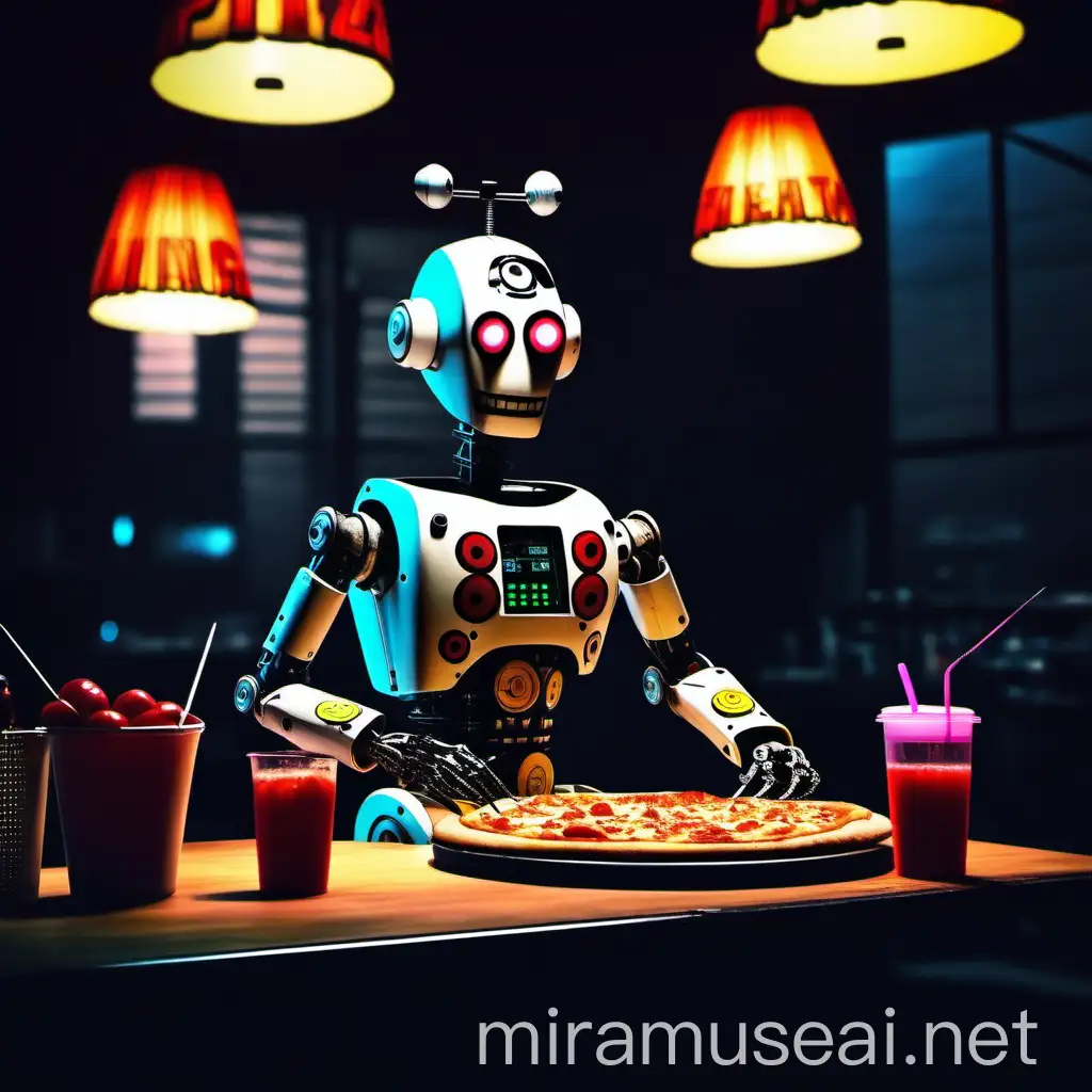 Тощая японская робот днэевушка аниматроник, сидит на столе в тёмном ночном офисе охраны пиццерии fnaf