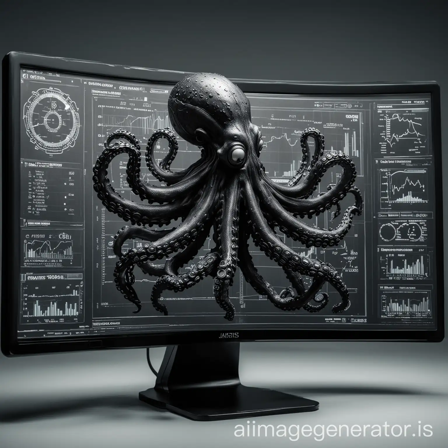 black mechanical octopus computer monitor data and metrics in analytics and administration