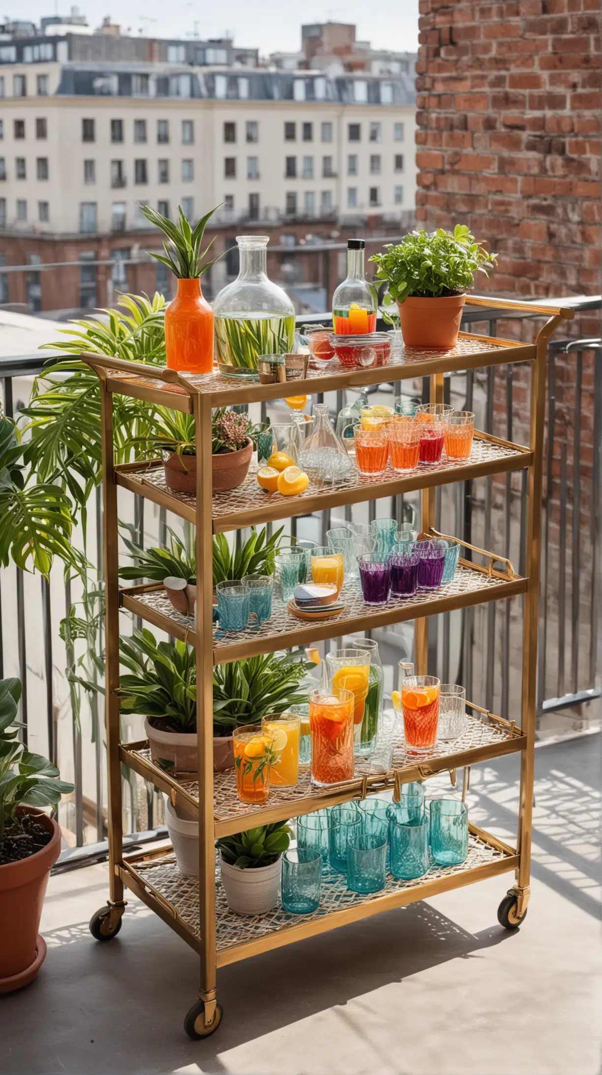 Stylish outdoor bar cart on a balcony, equipped with colorful glassware and exotic plants.