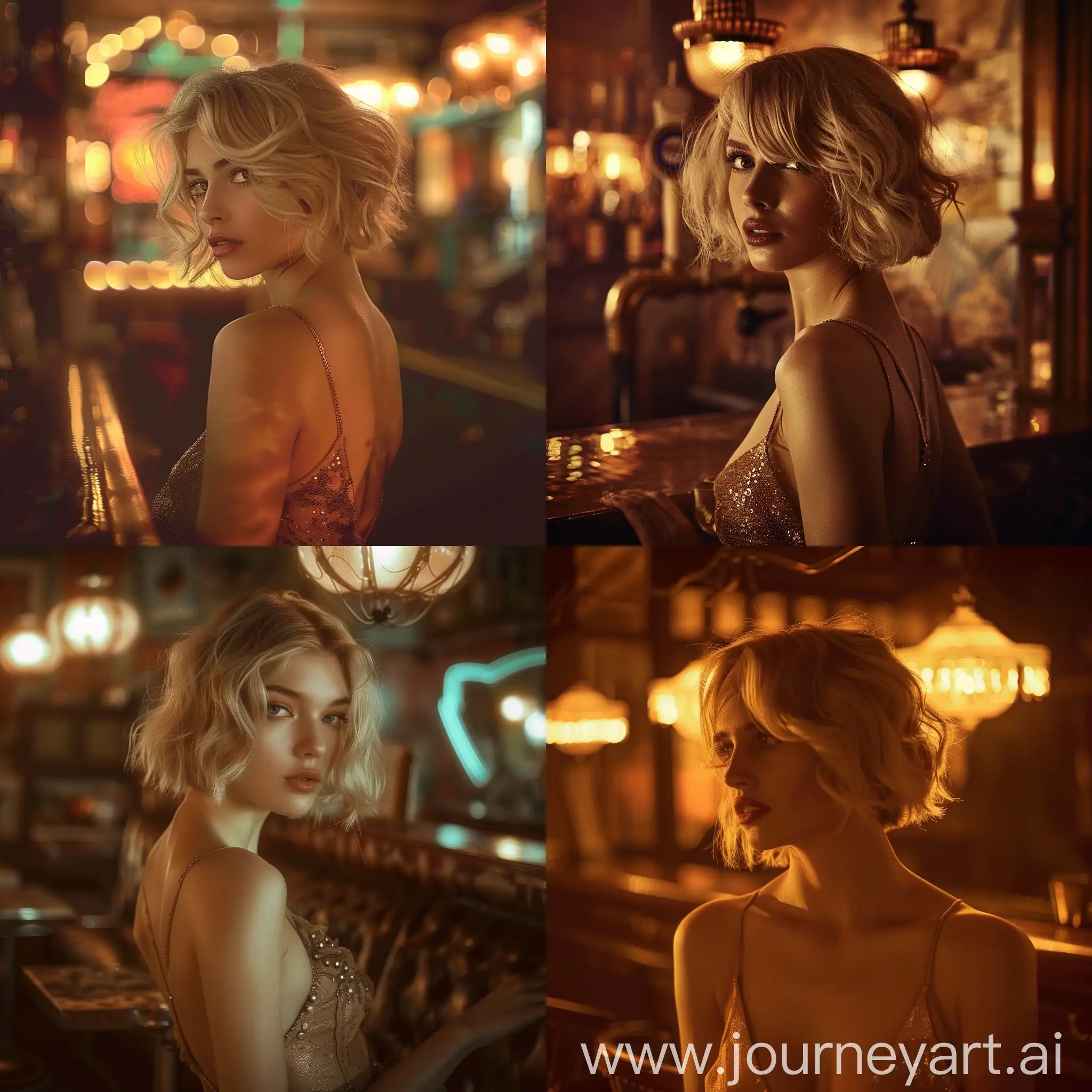 a blonde girl with wavy short hair, wearing a revealing dress, in a retro style bar, vintage ambiance, artistic lighting