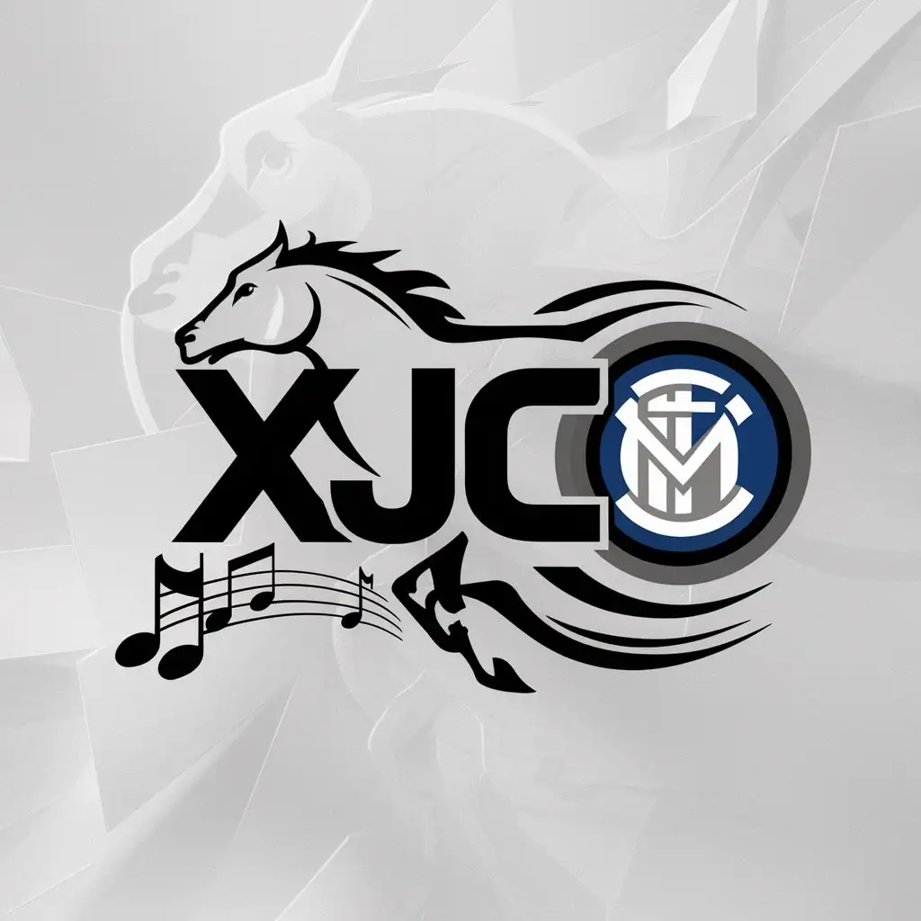 a logo design,with the text "XJC", main symbol:horse, Inter Milan football team emblem, music notes,Moderate,be used in Others industry,clear background