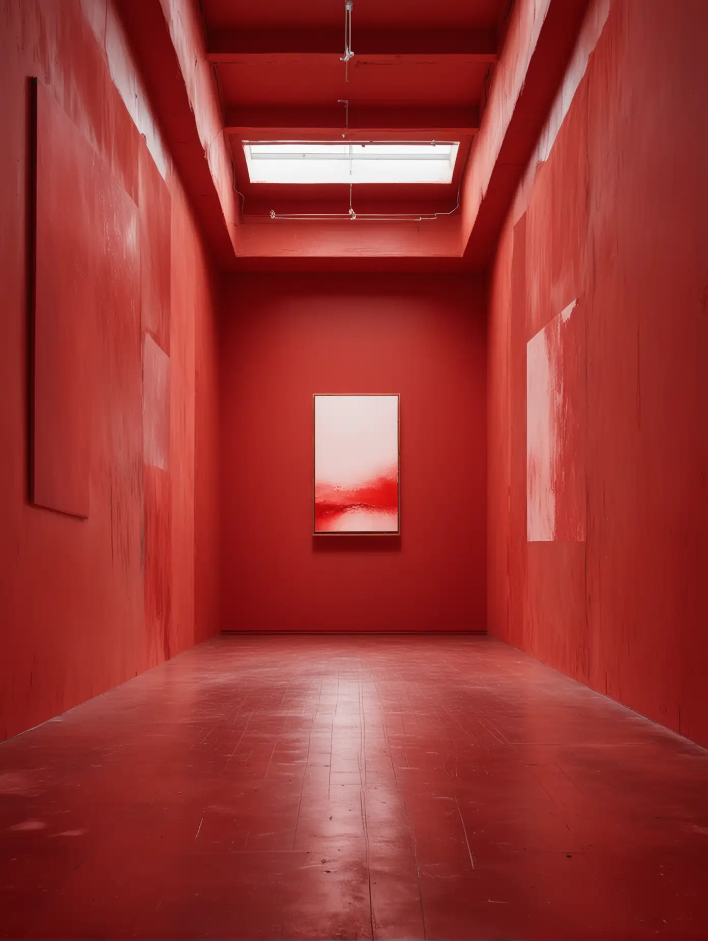 abstract red art in large red gallery space phot studio, cinematic day light