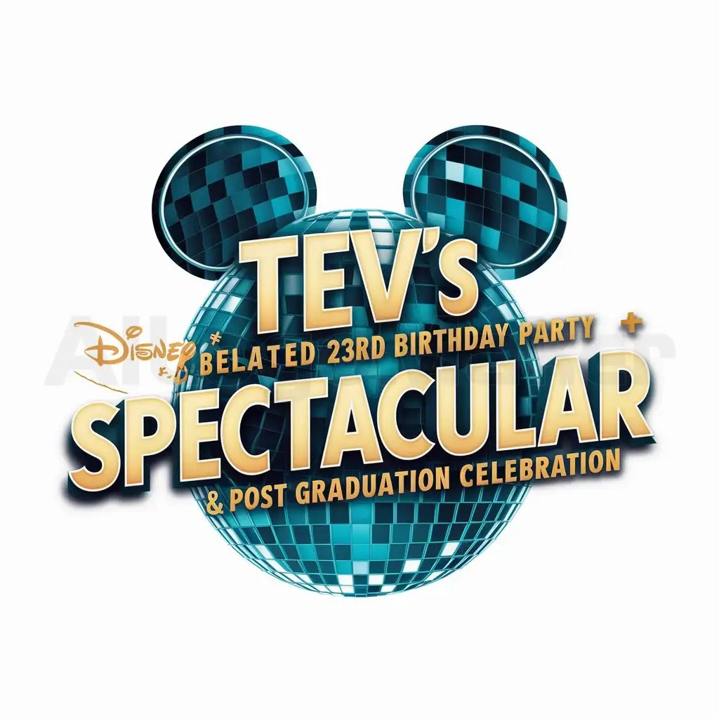a logo design,with the text "Tev’s Belated 23rd Birthday Party Disney + Spectacular & Post Graduation Celebration", main symbol:Discoball in a classical mickey mouse shape,complex,be used in Others industry,clear background