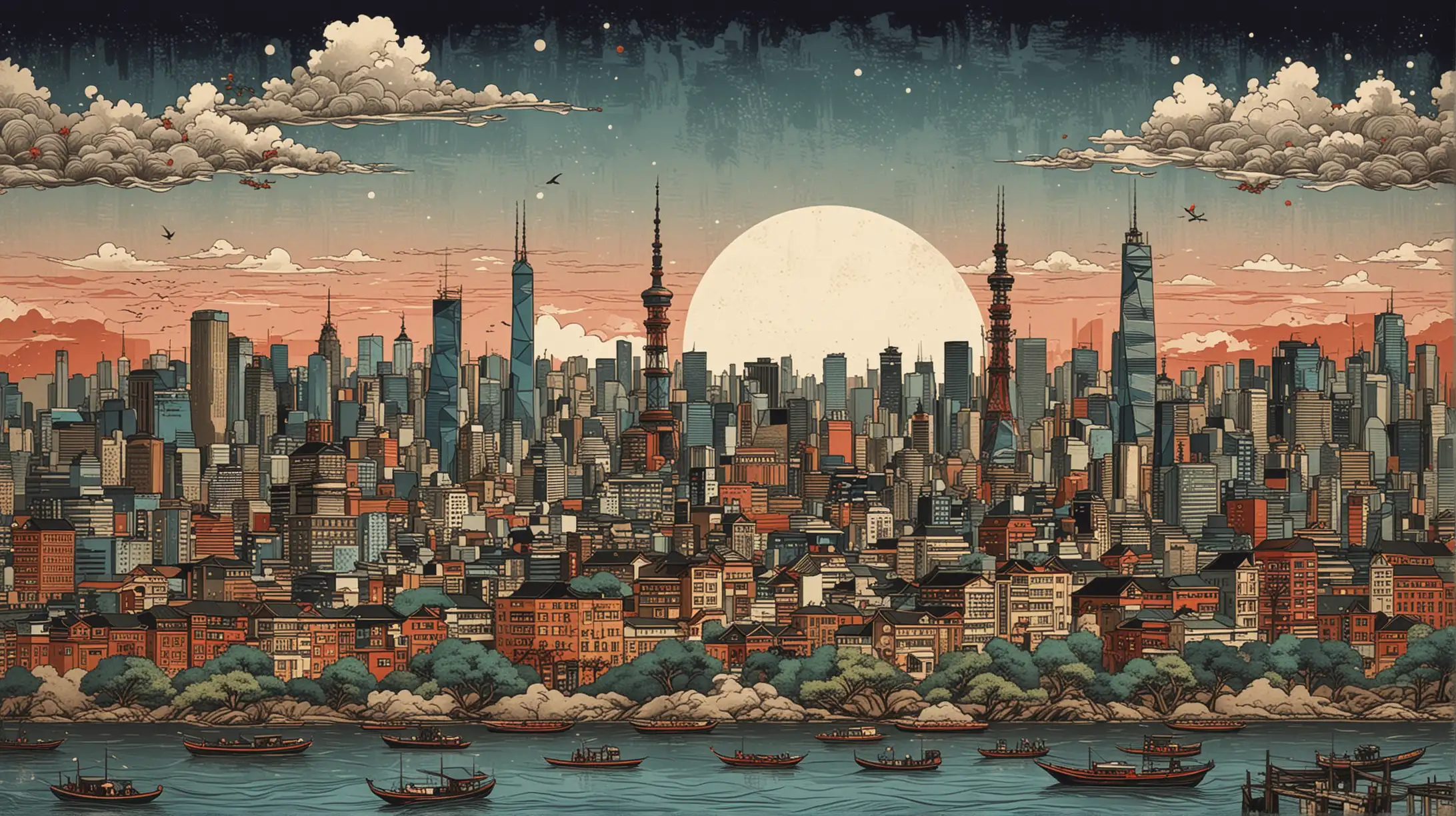 Modern City Skyline Artwork Inspired by Ukiye Style