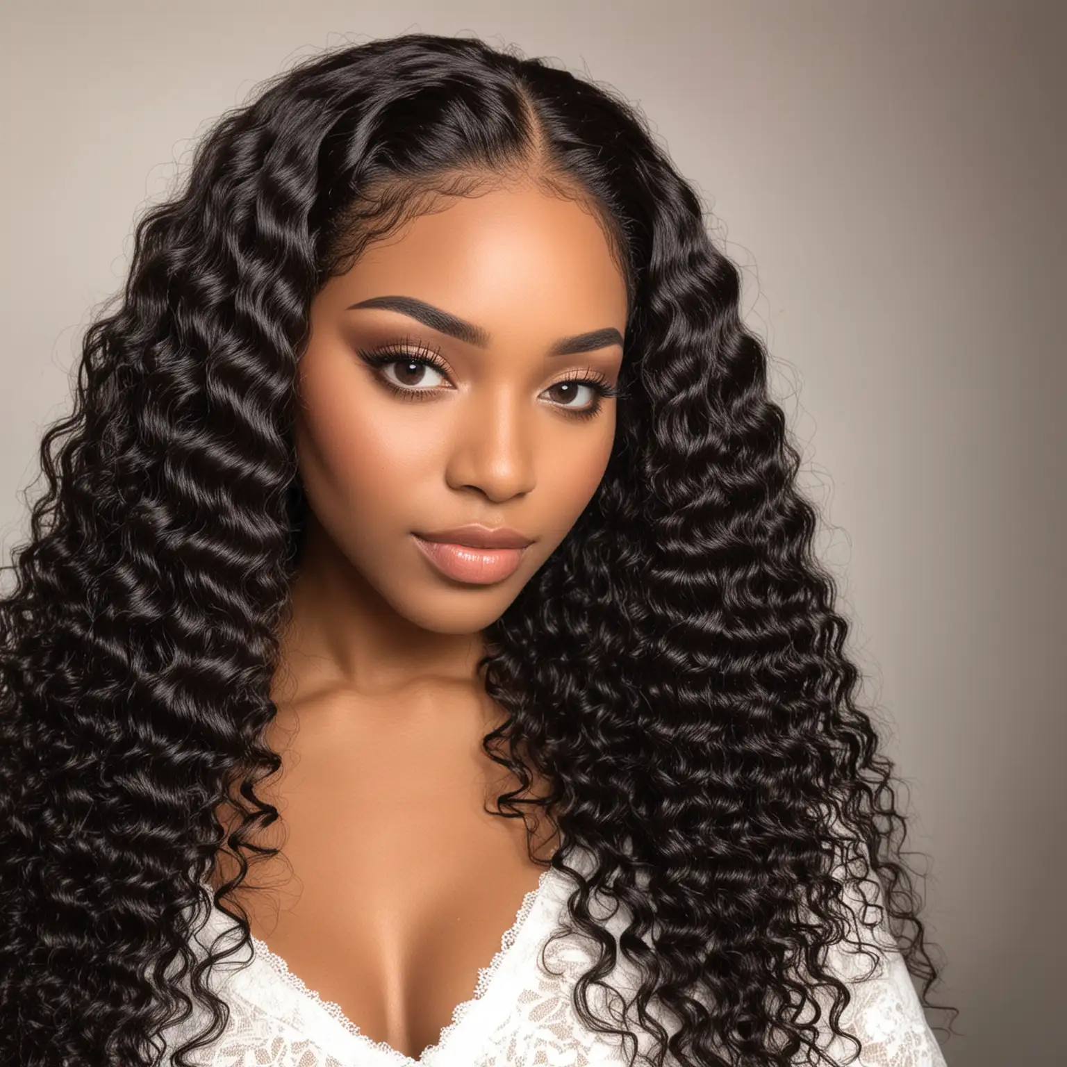 Black Woman with Deep Wave Lace Frontal Wig Model Pose