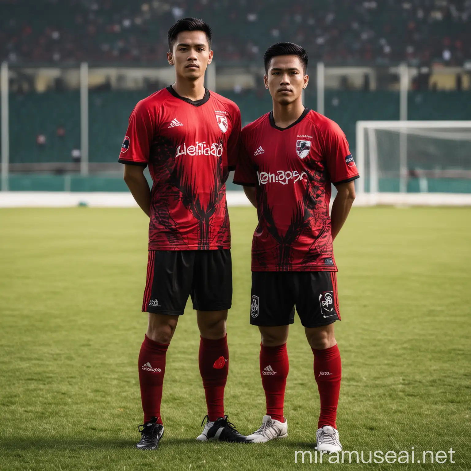 full body portrait of two handsome Indonesian men standing on a soccer field, the man is wearing a black and red soccer jersey, the man is facing the camera