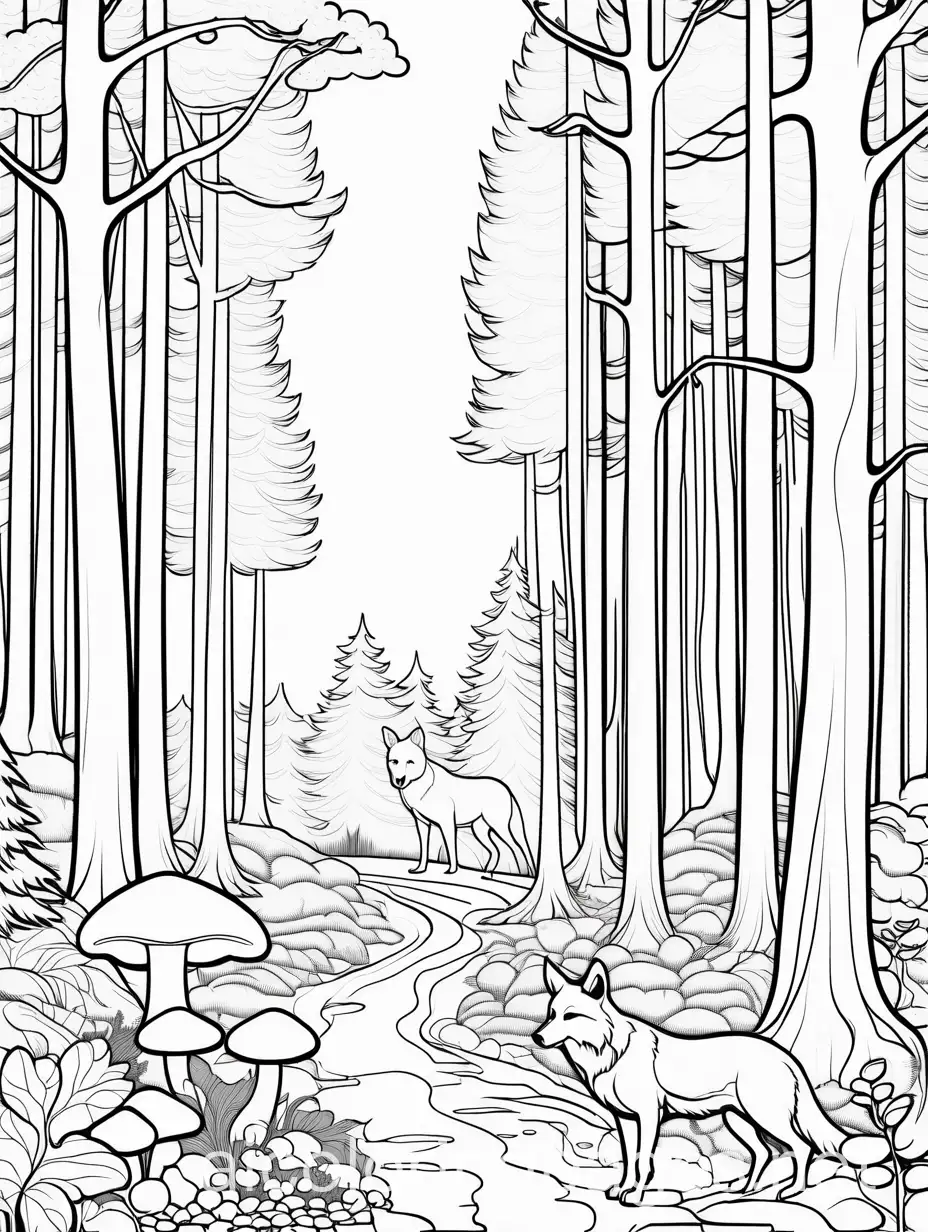 A German idyllic forest with animals and mushrooms and the big bad wolf hiding behind one of the trees, Coloring Page, black and white, line art, white background, Simplicity, Ample White Space. The background of the coloring page is plain white to make it easy for young children to color within the lines. The outlines of all the subjects are easy to distinguish, making it simple for kids to color without too much difficulty