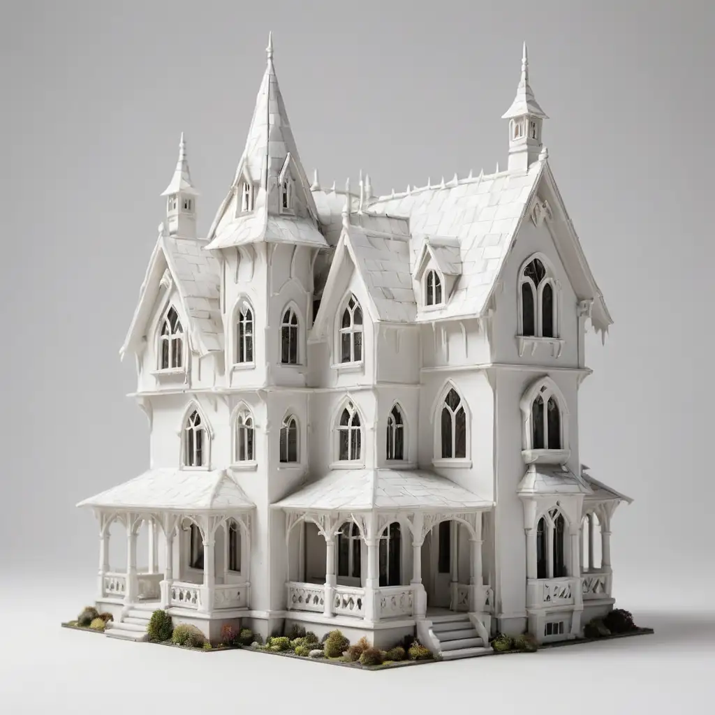 Бяла миниатюрна готическа къща на бял фон