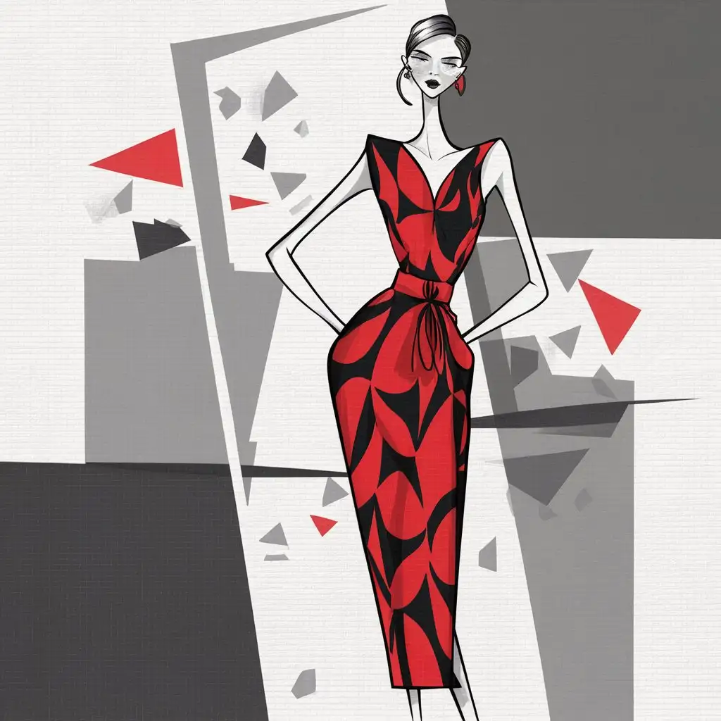 The advertising leaflet is a fashion design. Fashion illustration. Minimalism style. The color is white, gray, red, black. Geometric shapes on the background. Strictness.