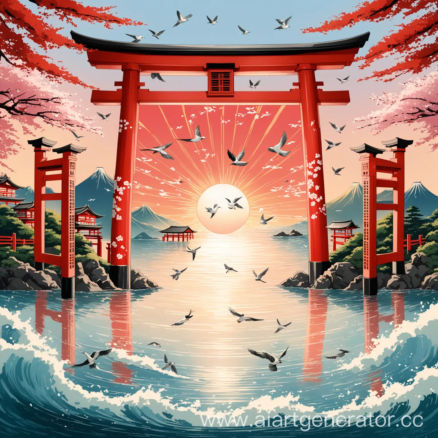 Tranquil-Sunrise-over-Japanese-Gates-Serene-Ocean-Logo-Design