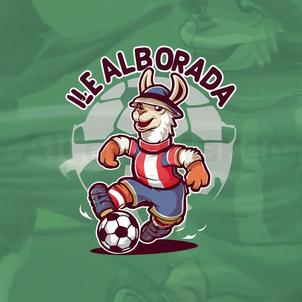 a logo design,with the text "I.E. LA ALBORADA", main symbol:a Peruvian llama playing soccer,Moderate,clear background