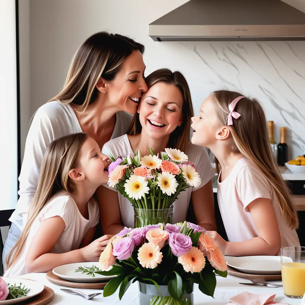 Family dinner with flowers for Mothers Day  with mother and 2 daughter  loving and kissing and laughing