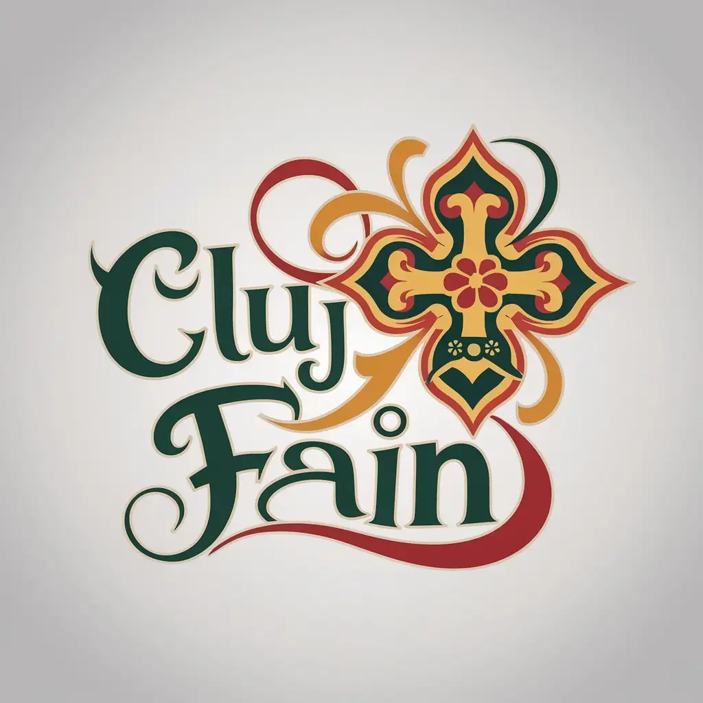 a logo design,with the text "Cluj Fain", main symbol:a Romanian traditional motif, like an cross or a flower, a Roman symbol or a stylized women, make it colorful and joyful,complex,clear background