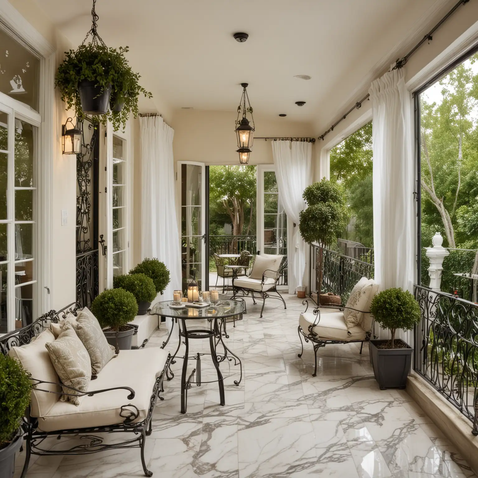 a wide of shot of elegant balcony with marble flooring and a glass railing. The space features a wrought-iron bistro set with cushioned chairs, a potted topiary, and a large outdoor candle lantern. Overhead, a retractable awning provides shade. String lights and wall-mounted lanterns add a soft glow. French doors with sheer white curtains and ornate handles lead inside.