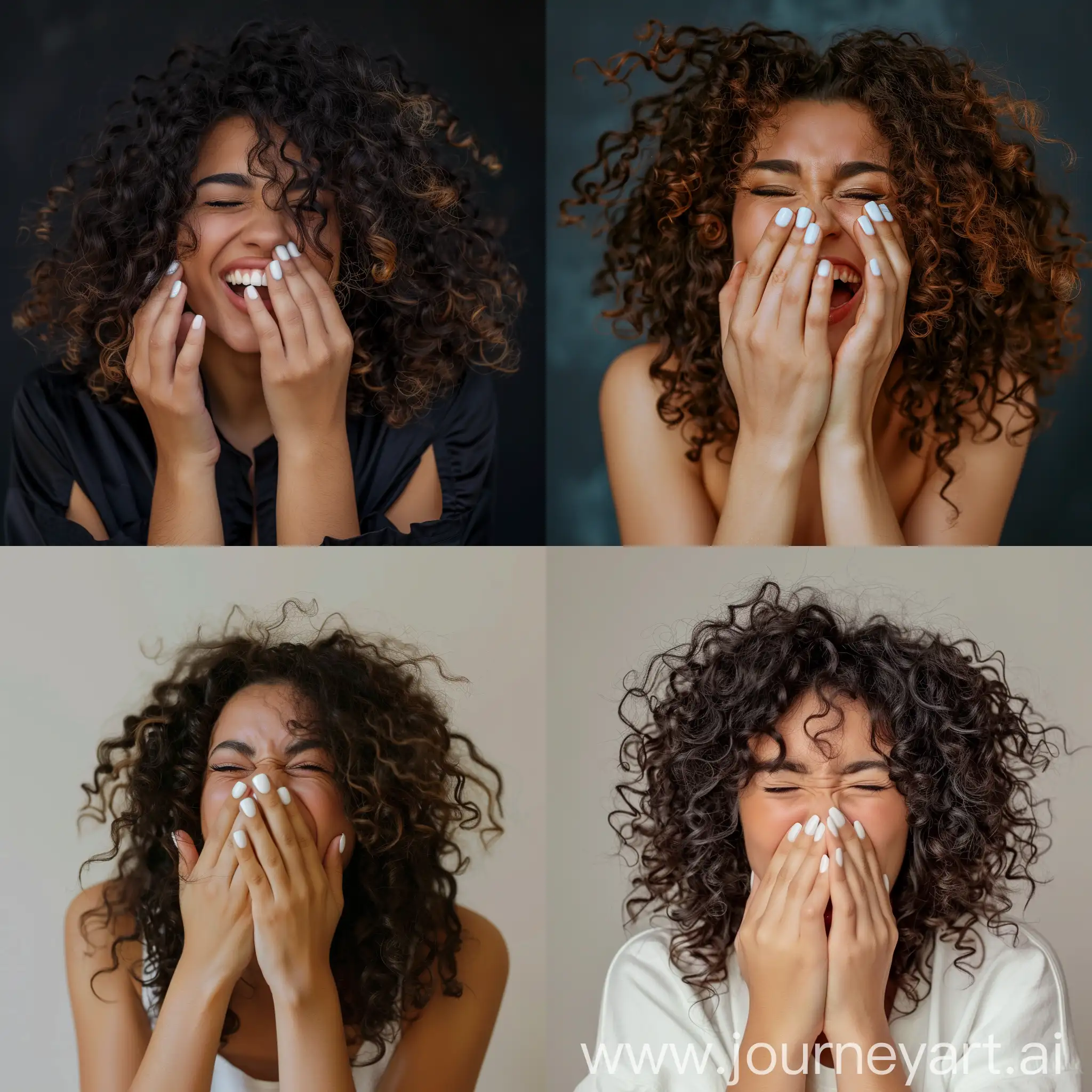 A curly haired woman laughing, covering her mouth her hands, white gel nail polish -- v6 --