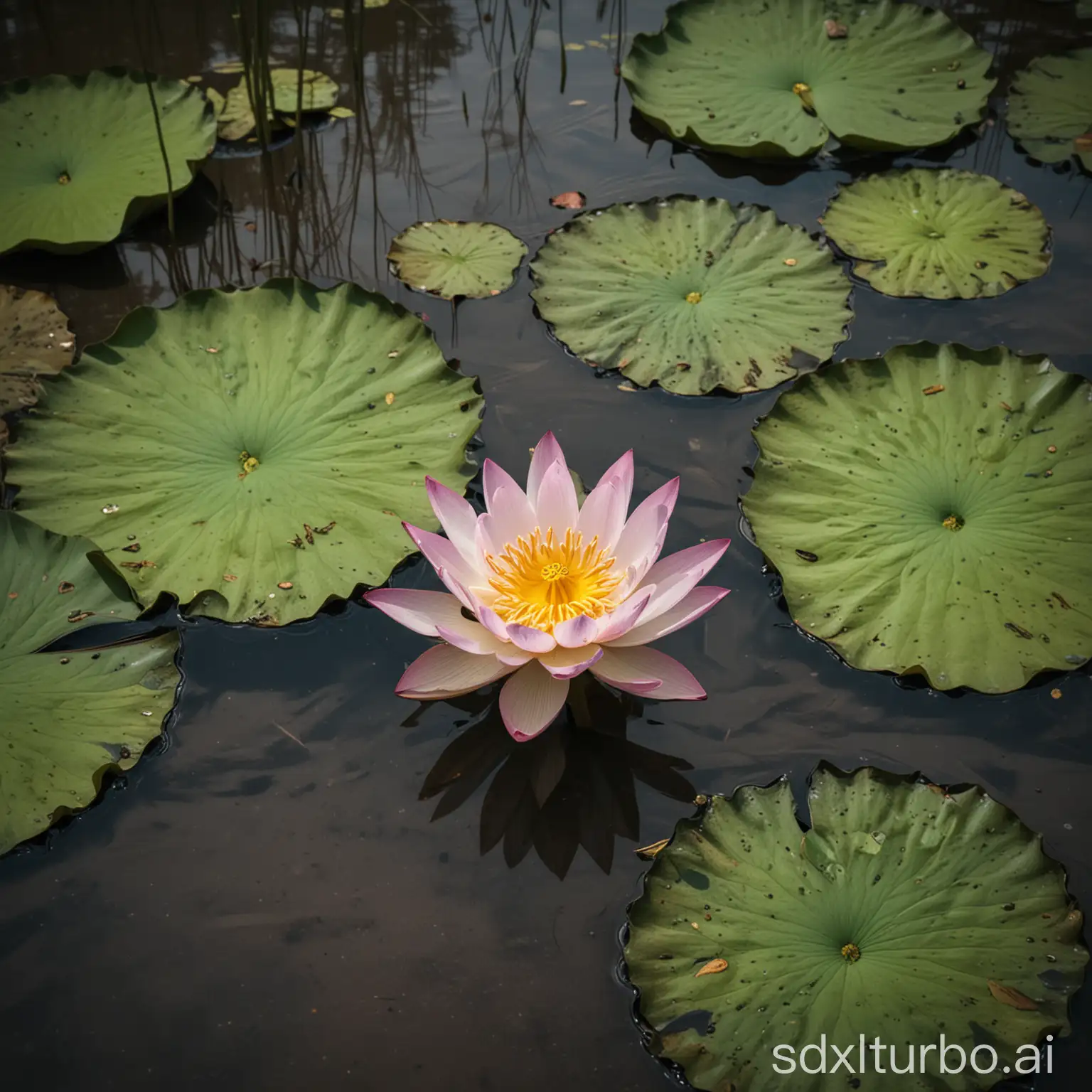 A radiant lotus flower blooming vibrantly in the middle of a murky, muddy pond. The surroundings are dark and uninviting, with still, brownish water and debris, but the lotus stands out with its bright, pure petals and lush green leaves, symbolizing resilience and beauty amidst adversity. The image conveys a sense of strength, purity, and enlightenment, with the lotus as a beacon of hope and perseverance.