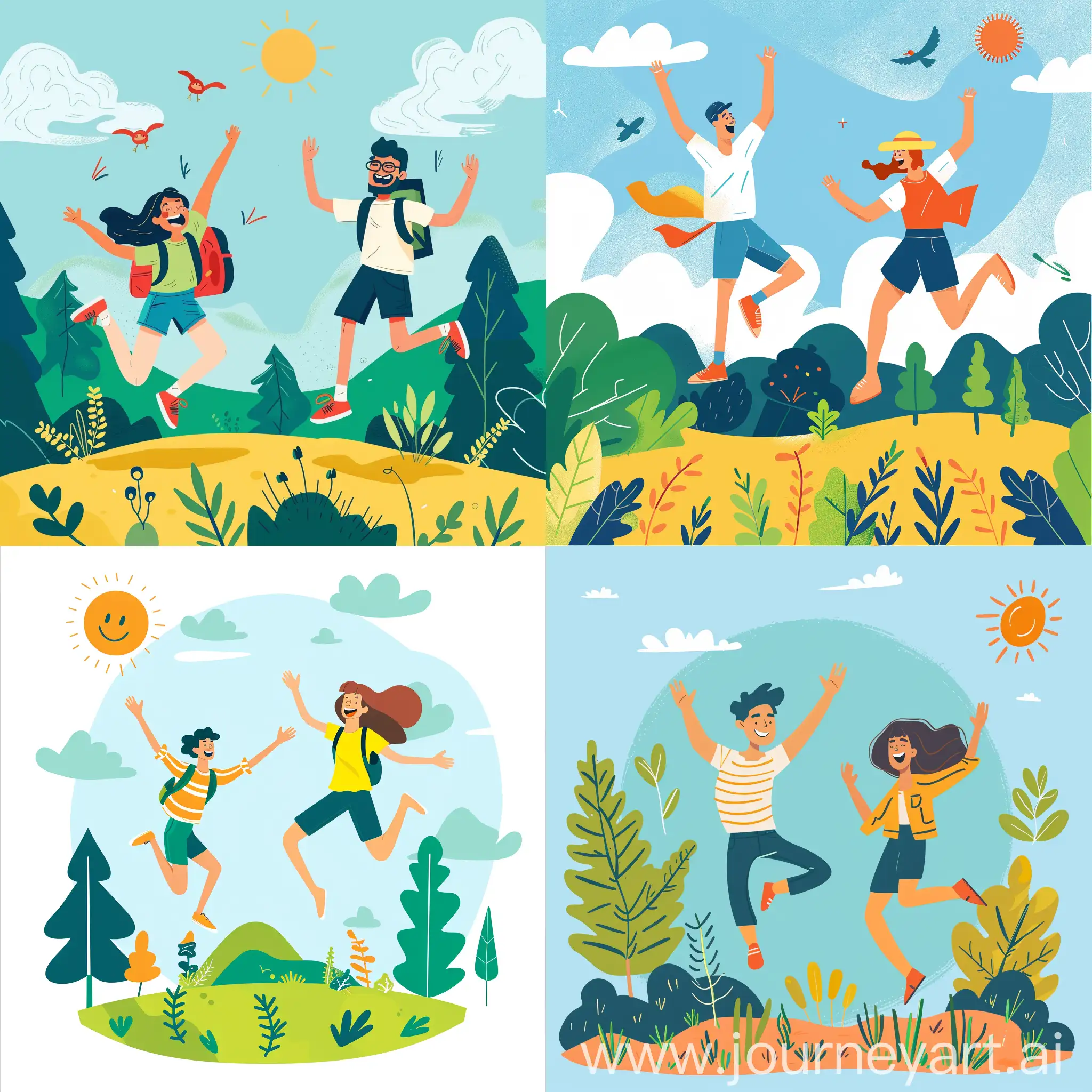 Cheerful-Outdoor-Summer-Camp-Activity-Man-Jumping-and-Woman-Laughing-in-Nature