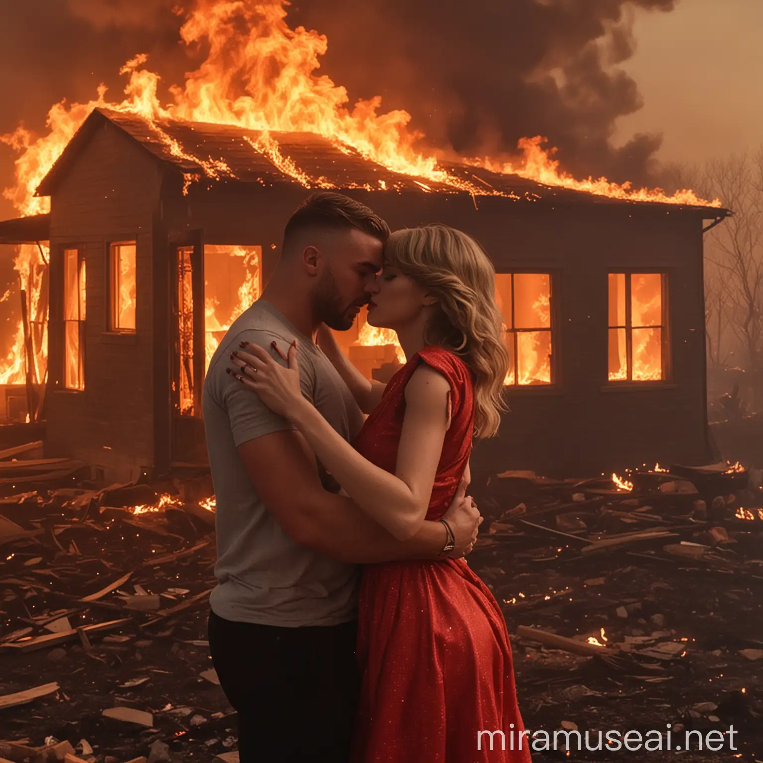 Taylor Swift and Travis Kelce hugging and kissing in front of a burning house