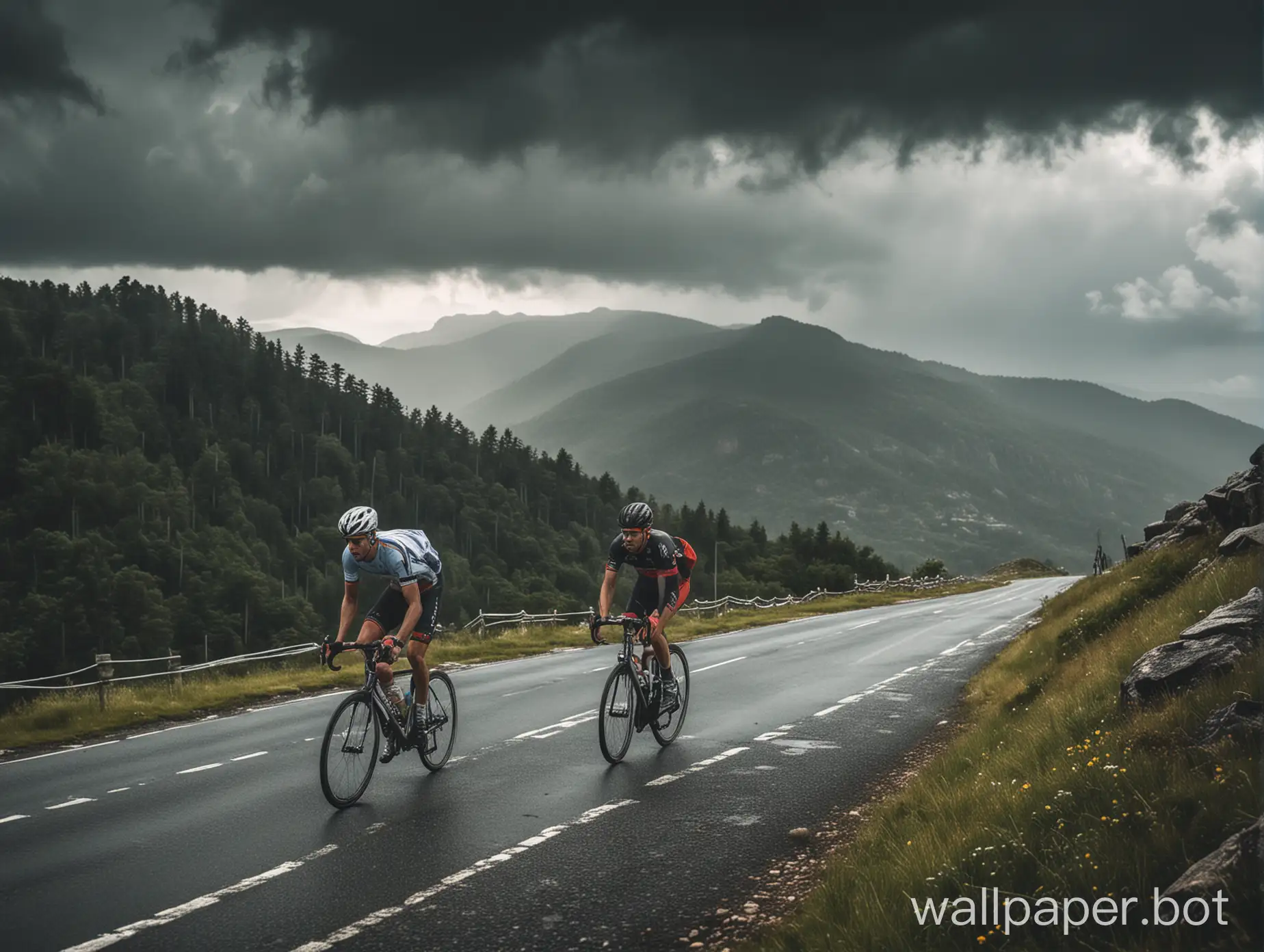 road cycling, long mountain climb, dramatic weather, male rider