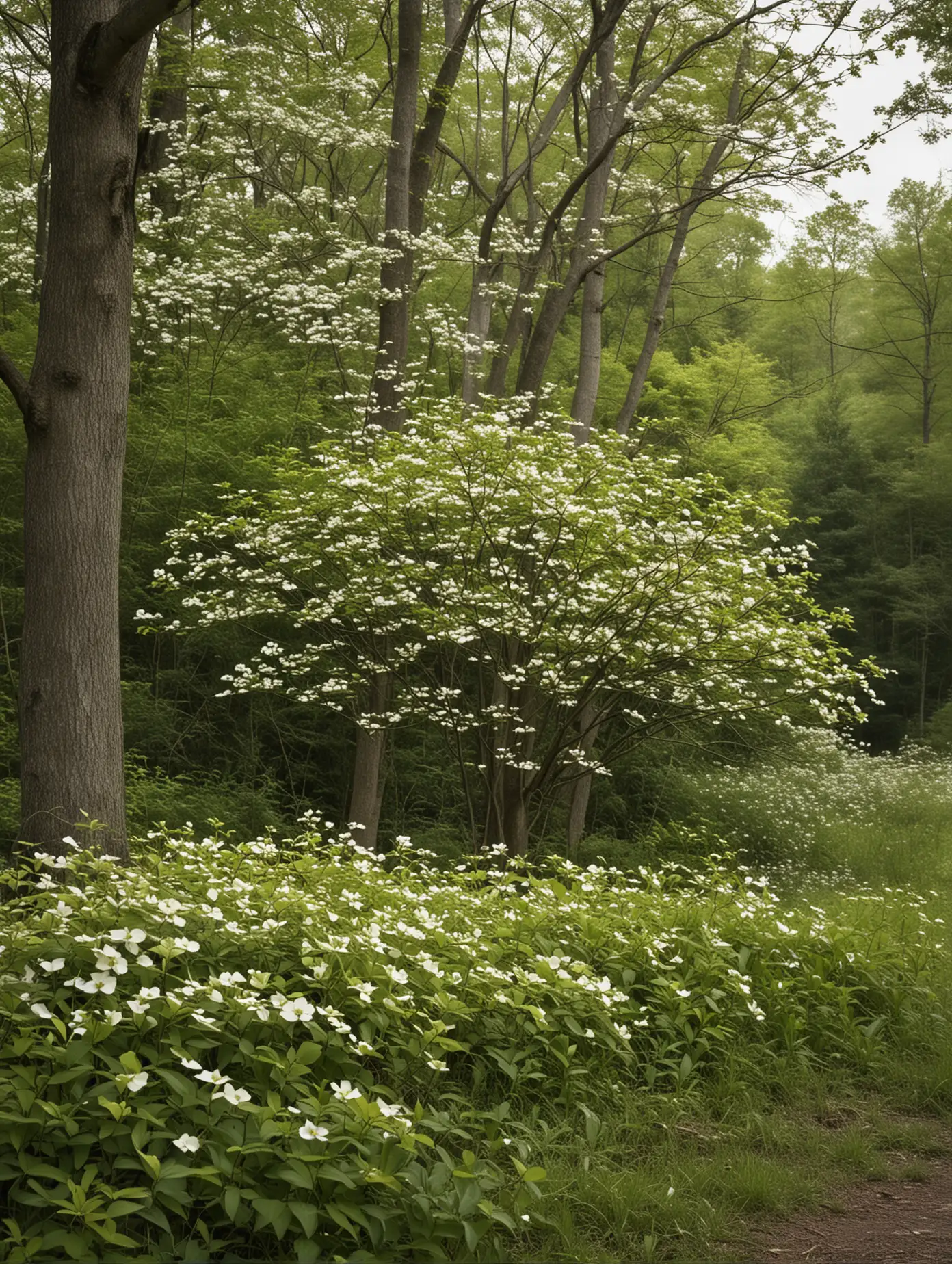 Eastern Kentucky Outdoor Scene with Blooming Dogwood Trees and Native Wildflowers