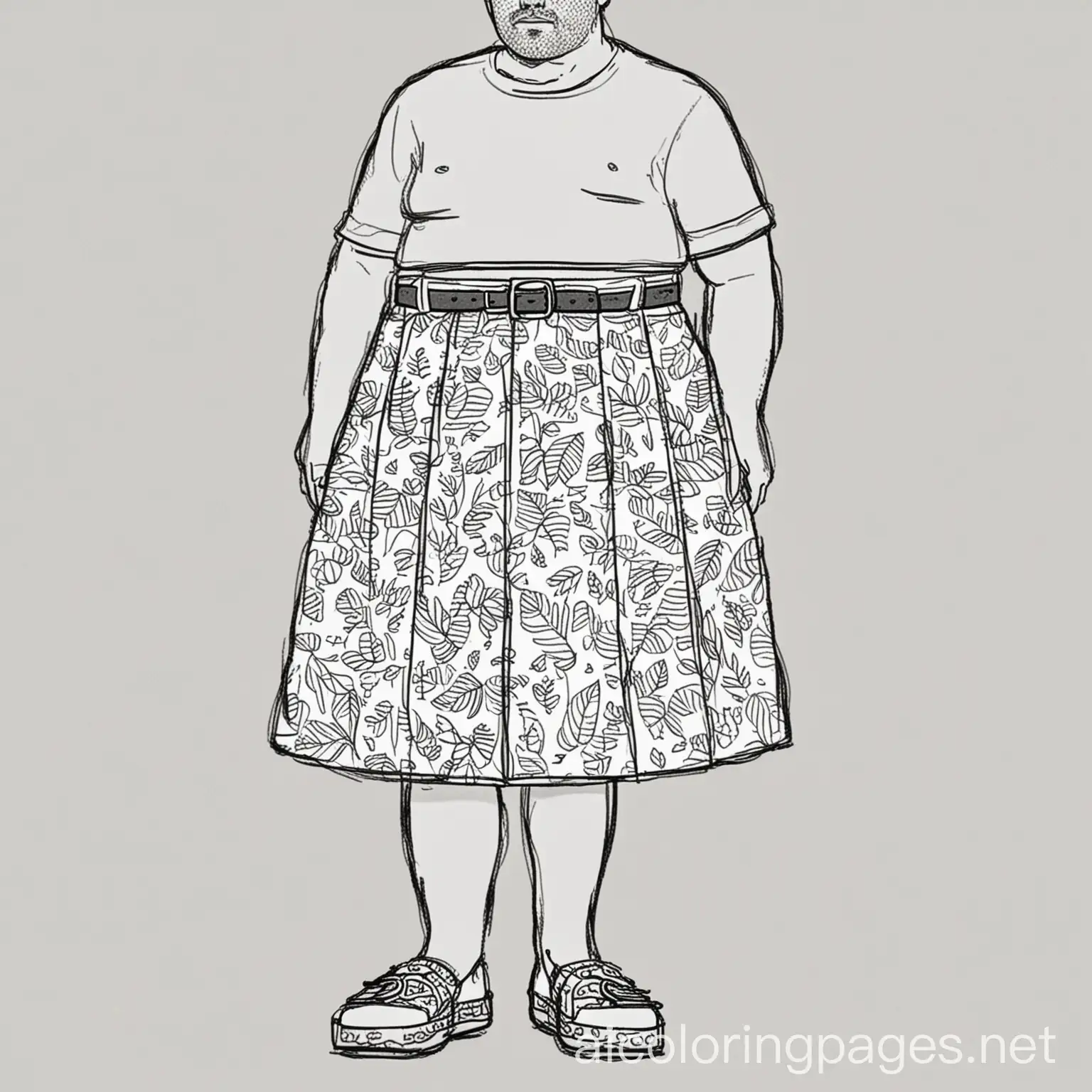 a tall fat guy with short hair and NO facial hair or beard in crocs wears a skirt with leaf pattern and big belt , Coloring Page, black and white, line art, white background, Simplicity, Ample White Space