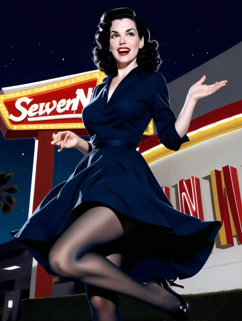 Laura Mennell, 1950s , curvy, [Highly Detailed] Dark comic art style, below angle, short flowy navy shirtdress, giggle, navy pantyhose, The Seven Year Itch pose in front of In-N-Out, night, cleavage 