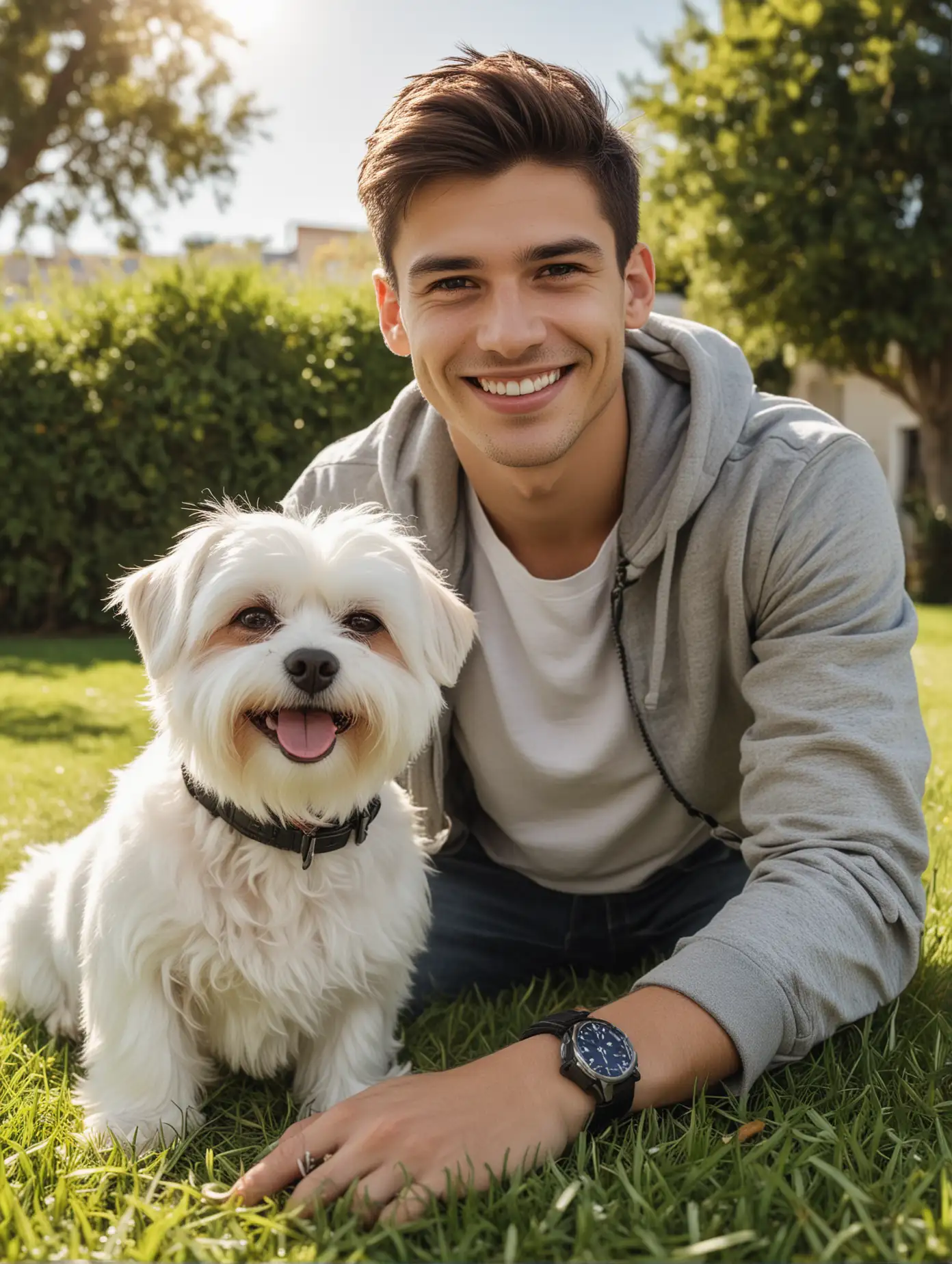 European and American, a handsome young man smiles for the camera and takes a photo with a Maltese dog on the grass outdoors on a sunny day. This photo was shot Sony A7c style using a 35mm f/2 lens for a realistic look.