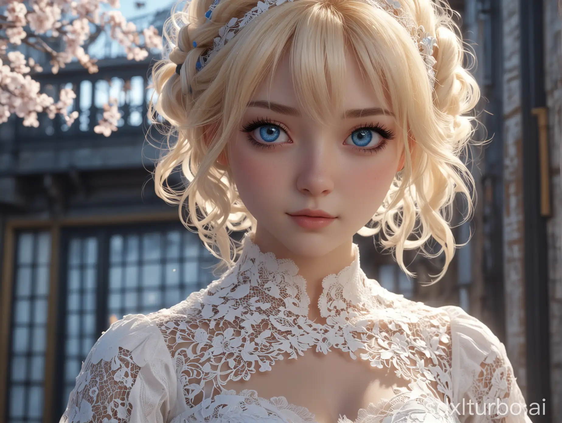 A young lady with blue eyes, long black lashes, long, luscious blonde hair, and a white lace dress. Happy, Artist Junko Mizuno style. anime, cool colors, technical background, hight bright, extremely detailed, extremely deep background, final quality render, HDR, extremely detailed font, hight light, 8K, 3d render, photo  A stunningly detailed 8K render of a young anime lady with captivating blue eyes, long black lashes, and cascading blonde hair. She is dressed in an elegant white lace dress adorned with intricate designs. The background showcases a vibrant and technical landscape with cool colors, featuring a mix of futuristic and natural elements. The atmosphere is filled with high-contrast light and shadows, creating a sense of depth and dimension. The overall effect is a happy, whimsical scene, accentuated by the artist's signature Junko Mizuno style and the use of HDR for a truly immersive experience., photo, 3d render