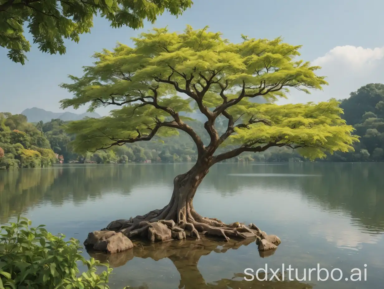 Clear West Lake, a flourishing tree beside the lake, high quality, 8K, camera quality