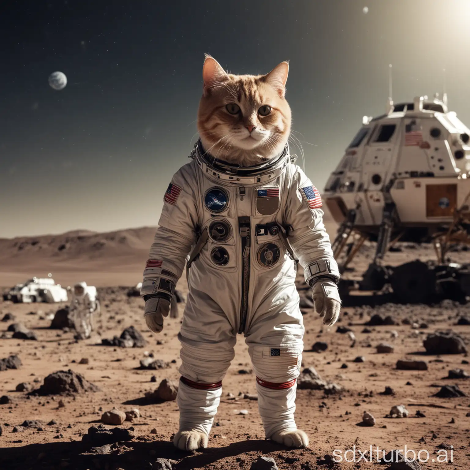 A cat with a spacesuit is standing in front of a spacecraft, on the moon, meteor crater
