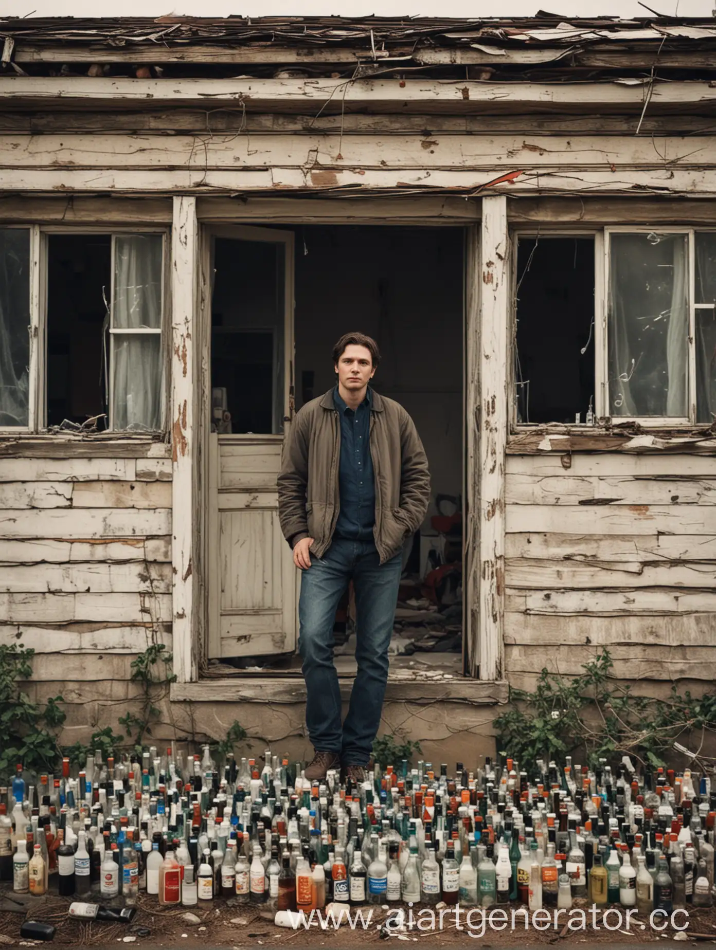 Man-Named-Lev-in-Front-of-Abandoned-House-with-Bottles-and-Syringes