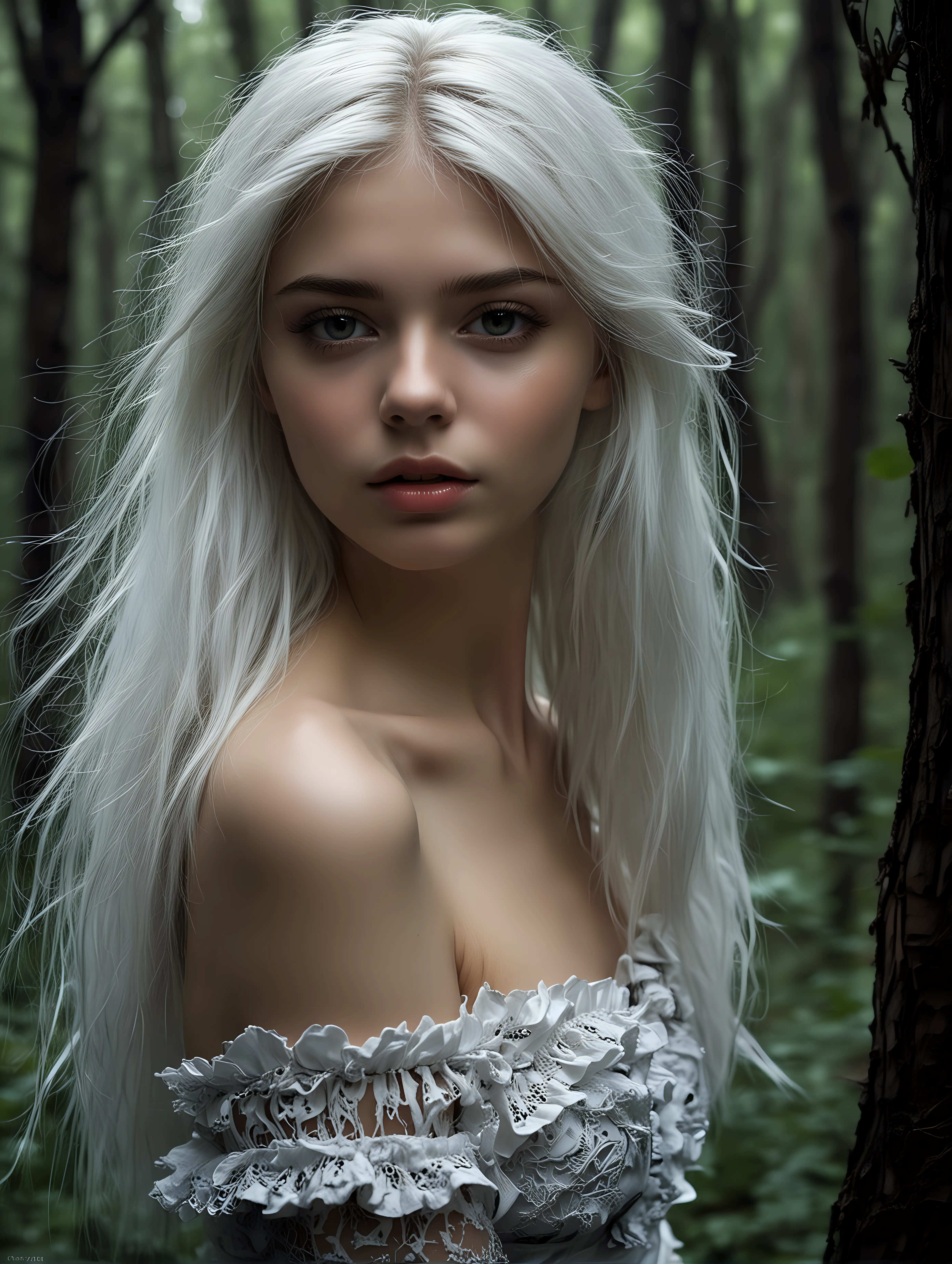 Photo of a beautiful 18 y.o. russian model, white hair, in dark forest, dark fantasy theme